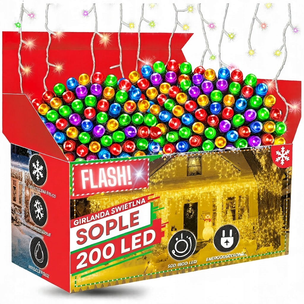 Kurtyna 200 LED 8,8 m Multicolor + Flash Sople Zewnętrzna Gumowy Przewód