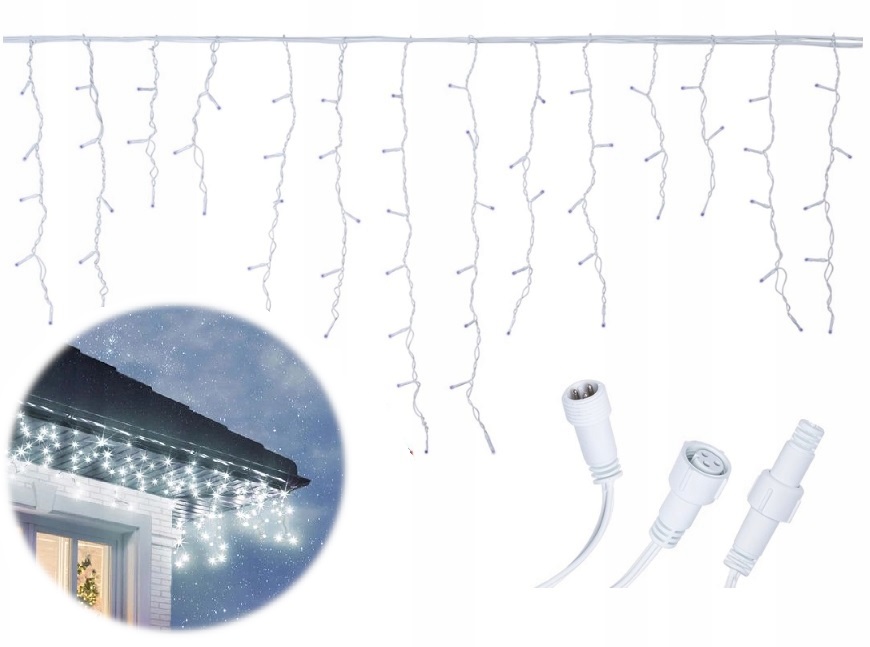 Kurtyna 200 LED 8,8 m Zimna + Flash Sople Zewnętrzna Gumowy Przewód