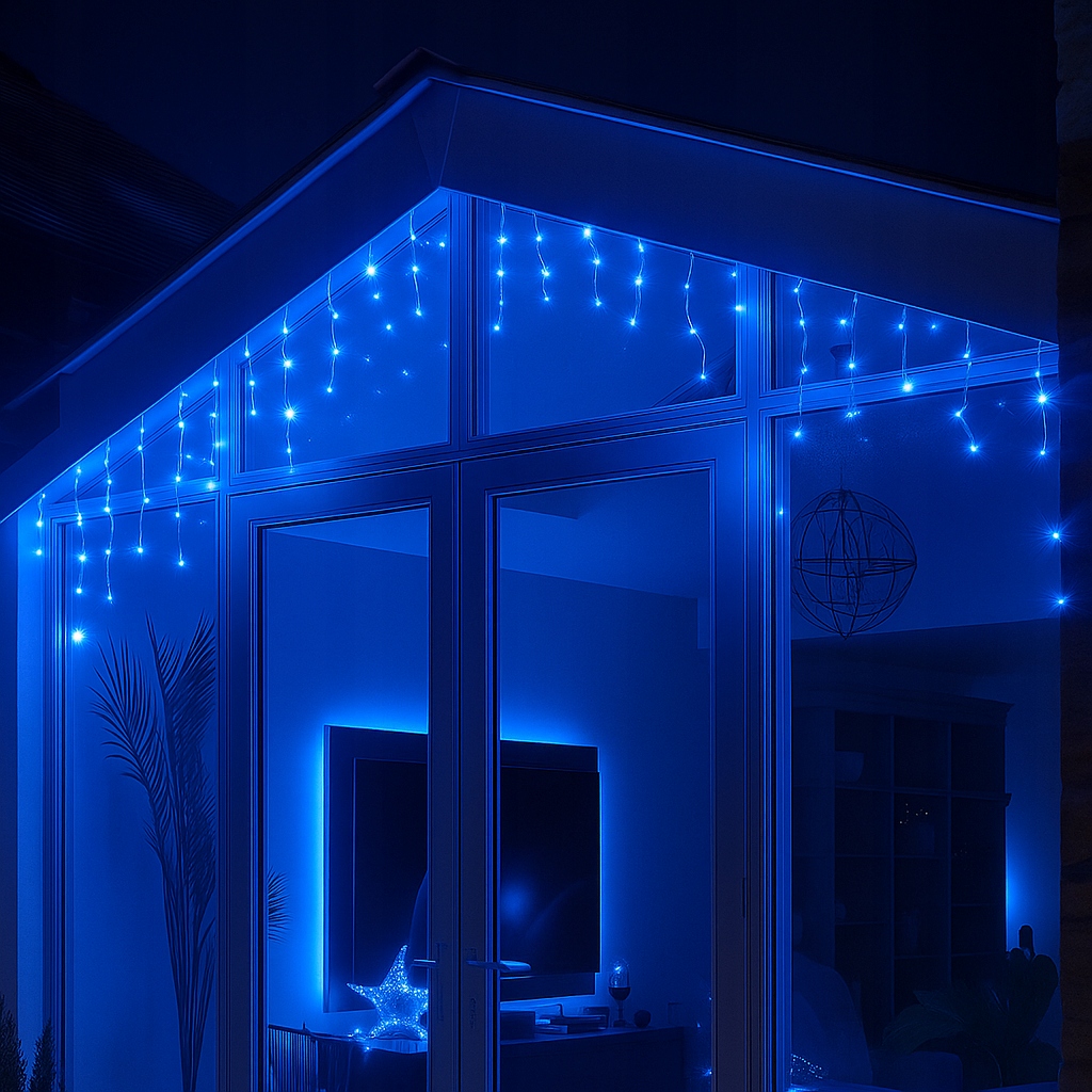 Kurtyna 100 LED 5,3 m Niebieska + Flash Sople Zewnętrzna Gumowy Przewód