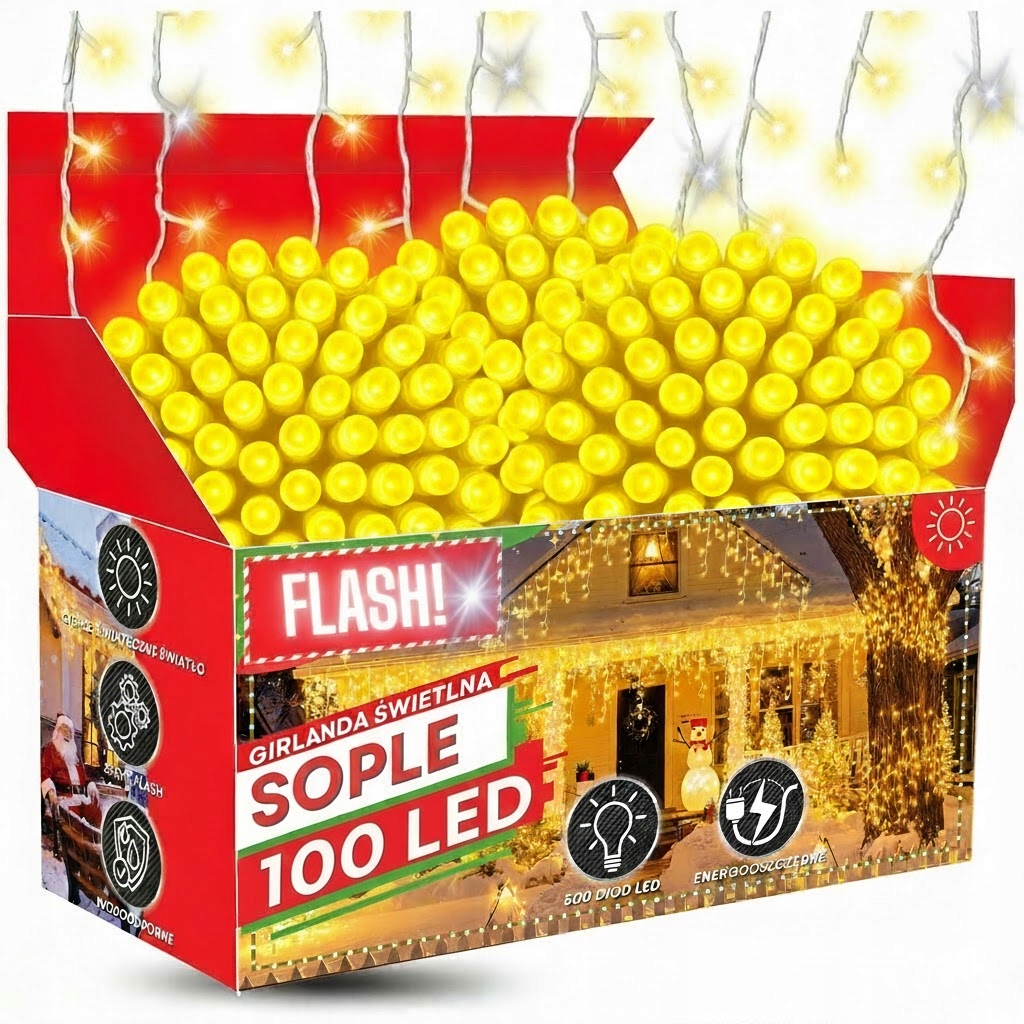 Kurtyna 100 LED 5,3 m Biały Ciepły + Flash Sople Zewnętrzna Gumowy Przewód