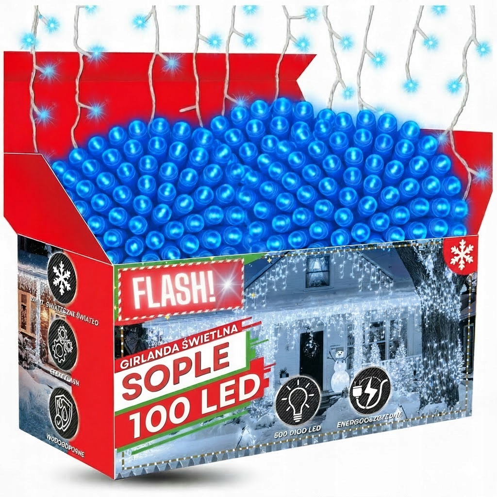 Kurtyna 100 LED 5,3 m Niebieska + Flash Sople Zewnętrzna Gumowy Przewód