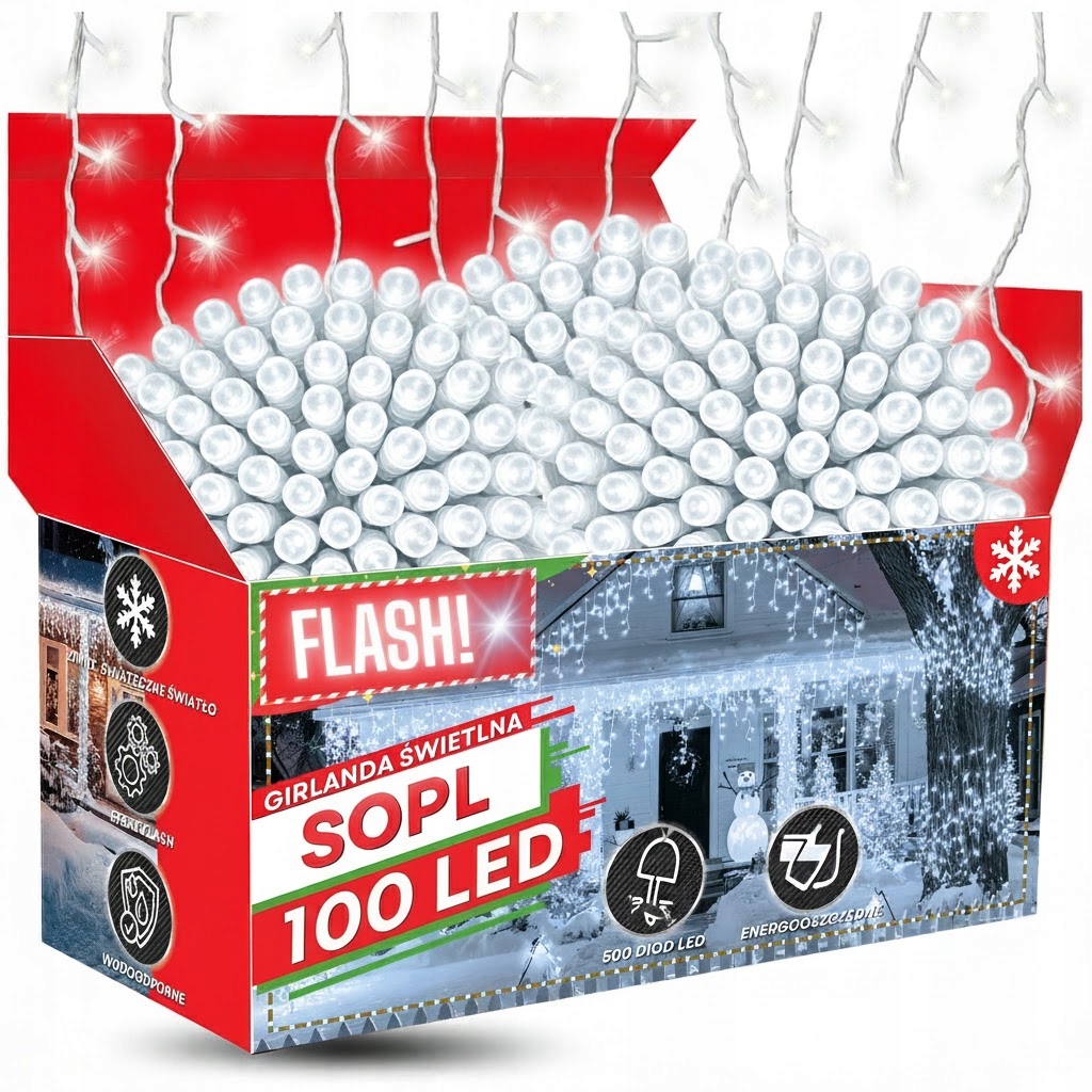 Kurtyna 100 LED 5,3 m Biały Zimny + Flash Sople Zewnętrzna Gumowy Przewód