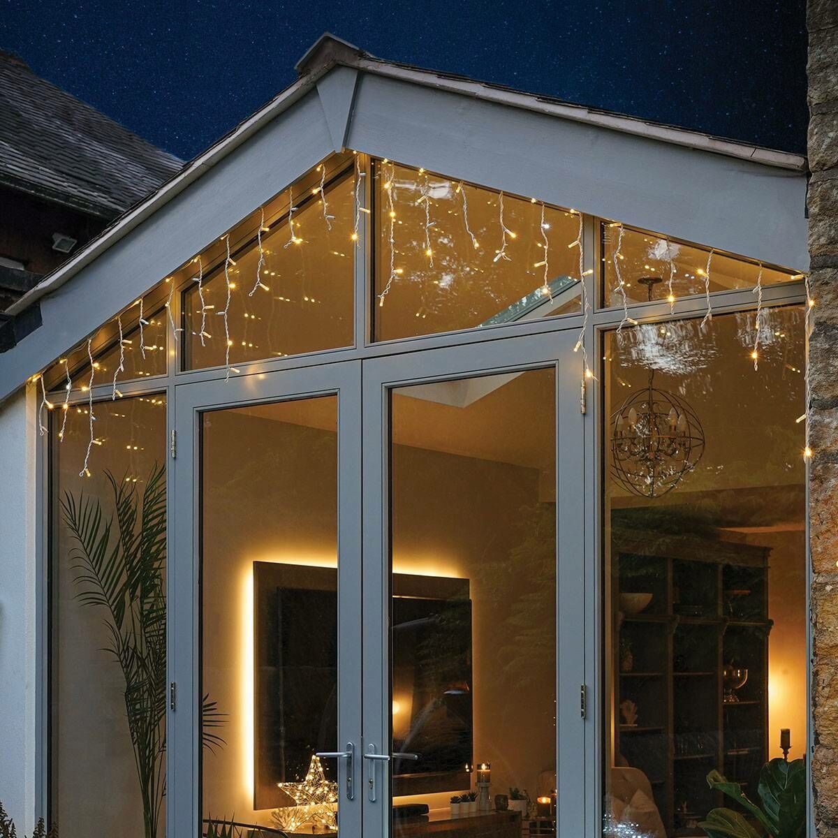 Kurtyna 200 LED 8,8 m Ciepła+ Flash Sople Zewnętrzna Gumowy Przewód