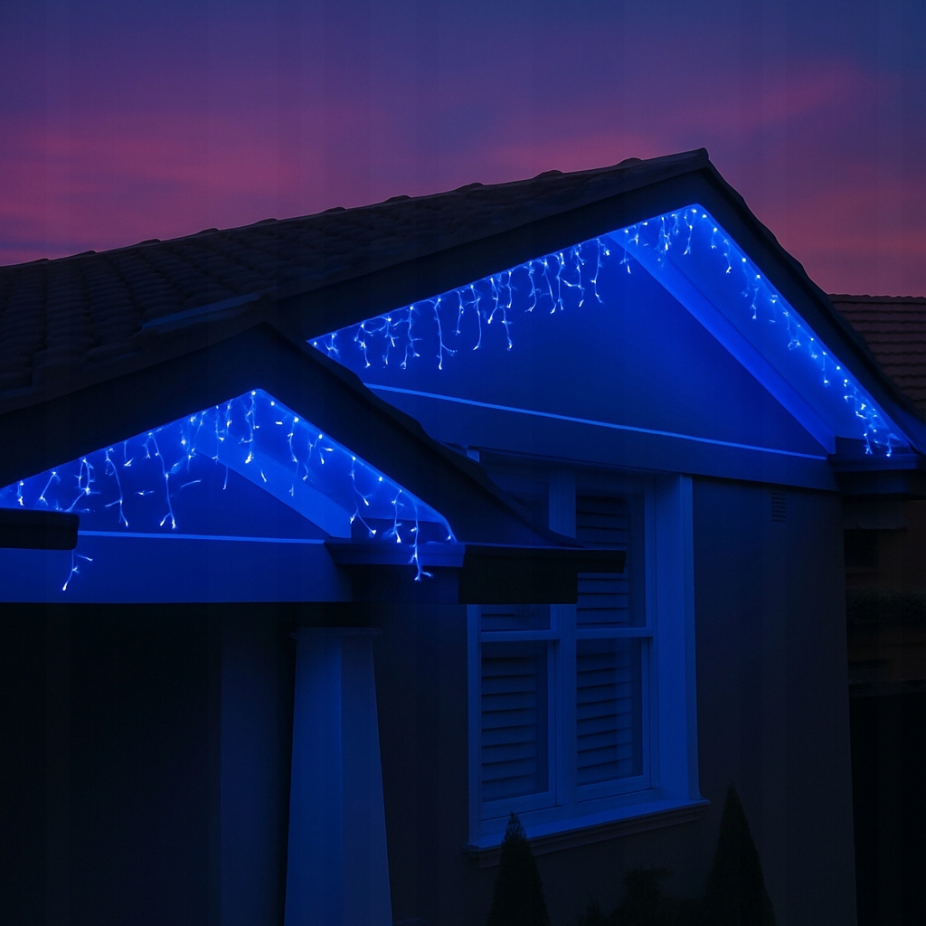 Kurtyna 100 LED 5,3 m Niebieska + Flash Sople Zewnętrzna Gumowy Przewód