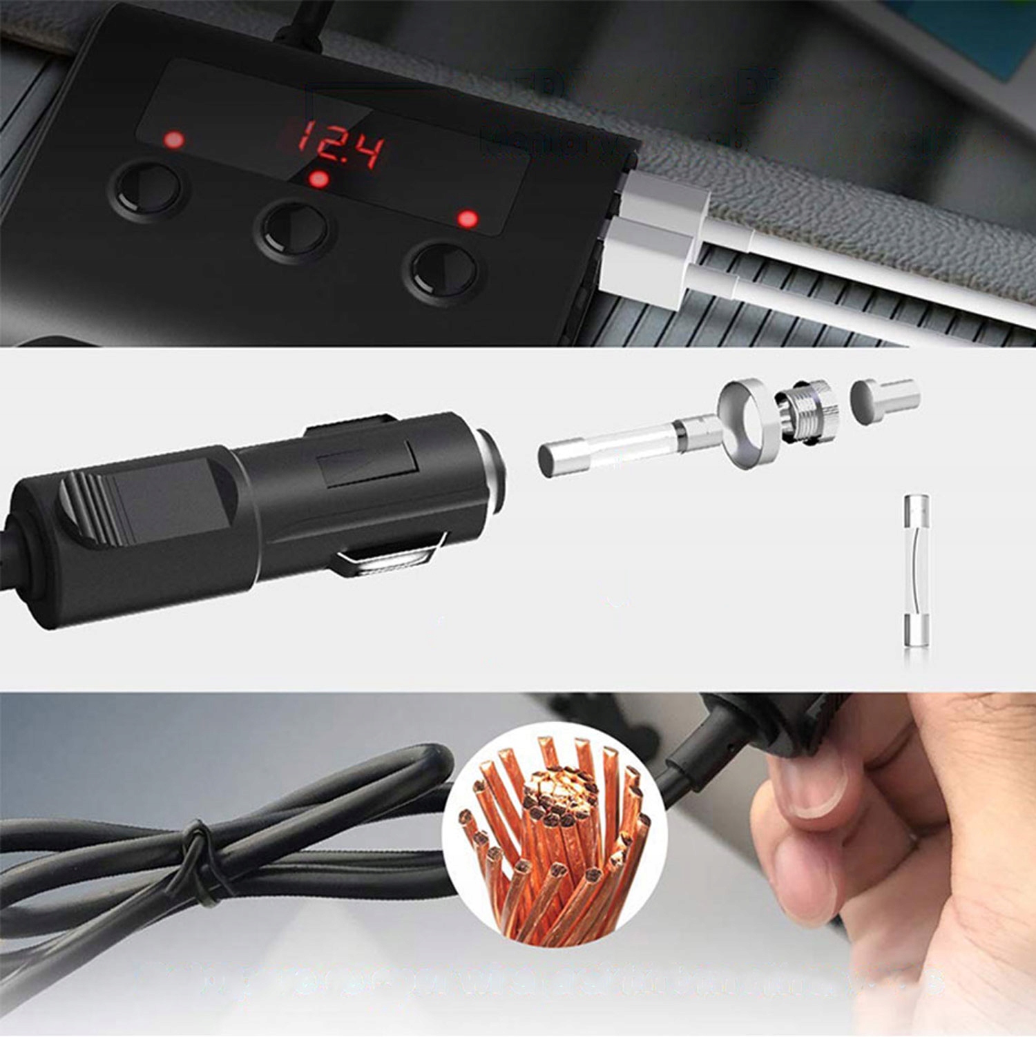 Rozdzielacz Gniazda Zapalniczki 12-24V 4x USB 3.0QC + 3 Gniazda Woltomierz