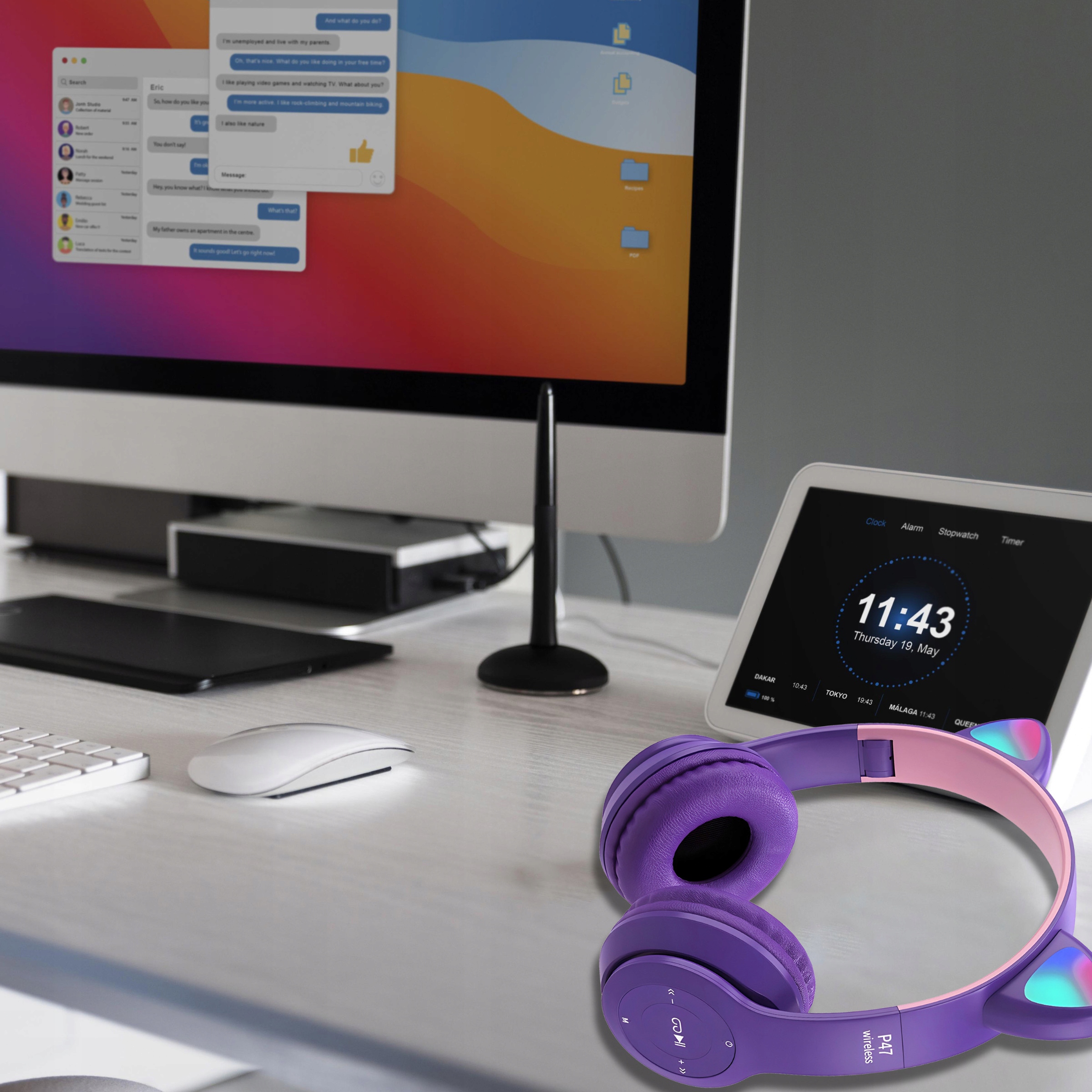 SŁUCHAWKI DLA DZIECI BLUETOOTH KOCIE USZY KOT LED RGB NAUSZNE MIKROFON