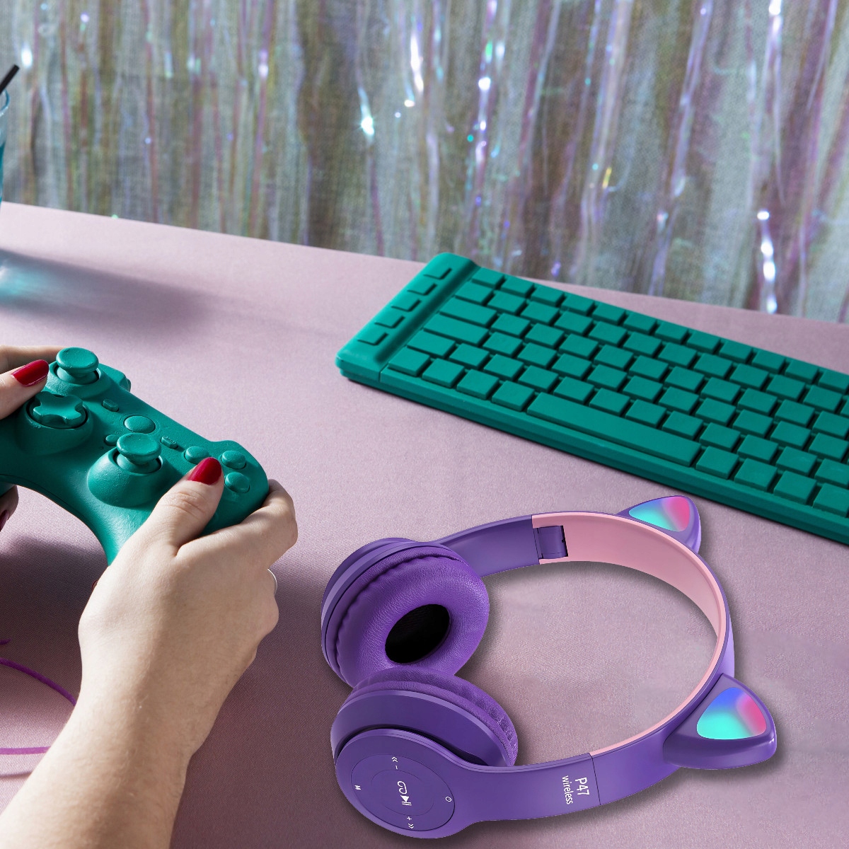 SŁUCHAWKI DLA DZIECI BLUETOOTH KOCIE USZY KOT LED RGB NAUSZNE MIKROFON