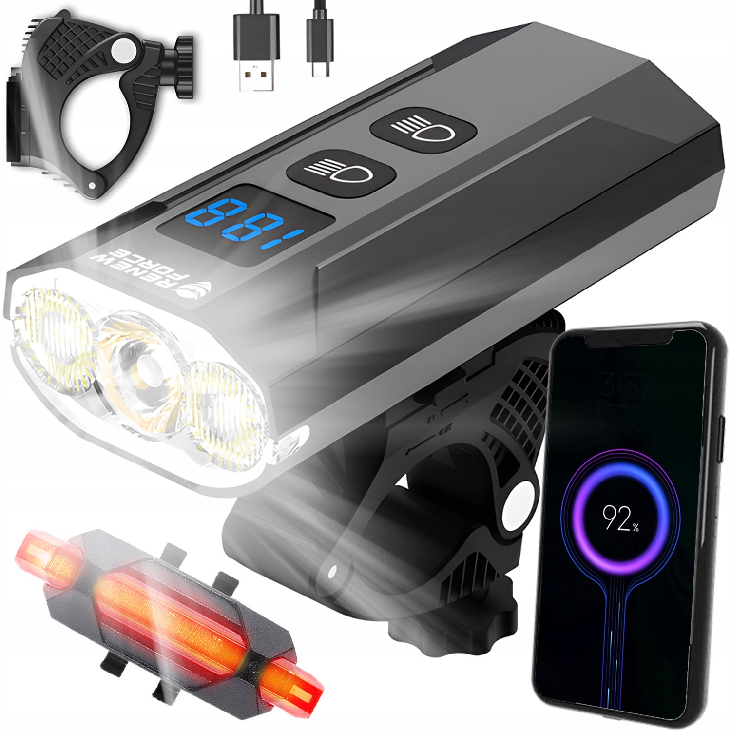 Oświetlenie rowerowe Renew Force ROWEROWE OŚWIETLENIE USB POWERBANK 900 lm