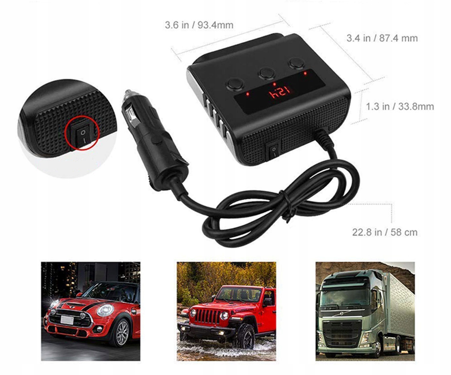 Rozdzielacz Gniazda Zapalniczki 12-24V 4x USB 3.0QC + 3 Gniazda Woltomierz