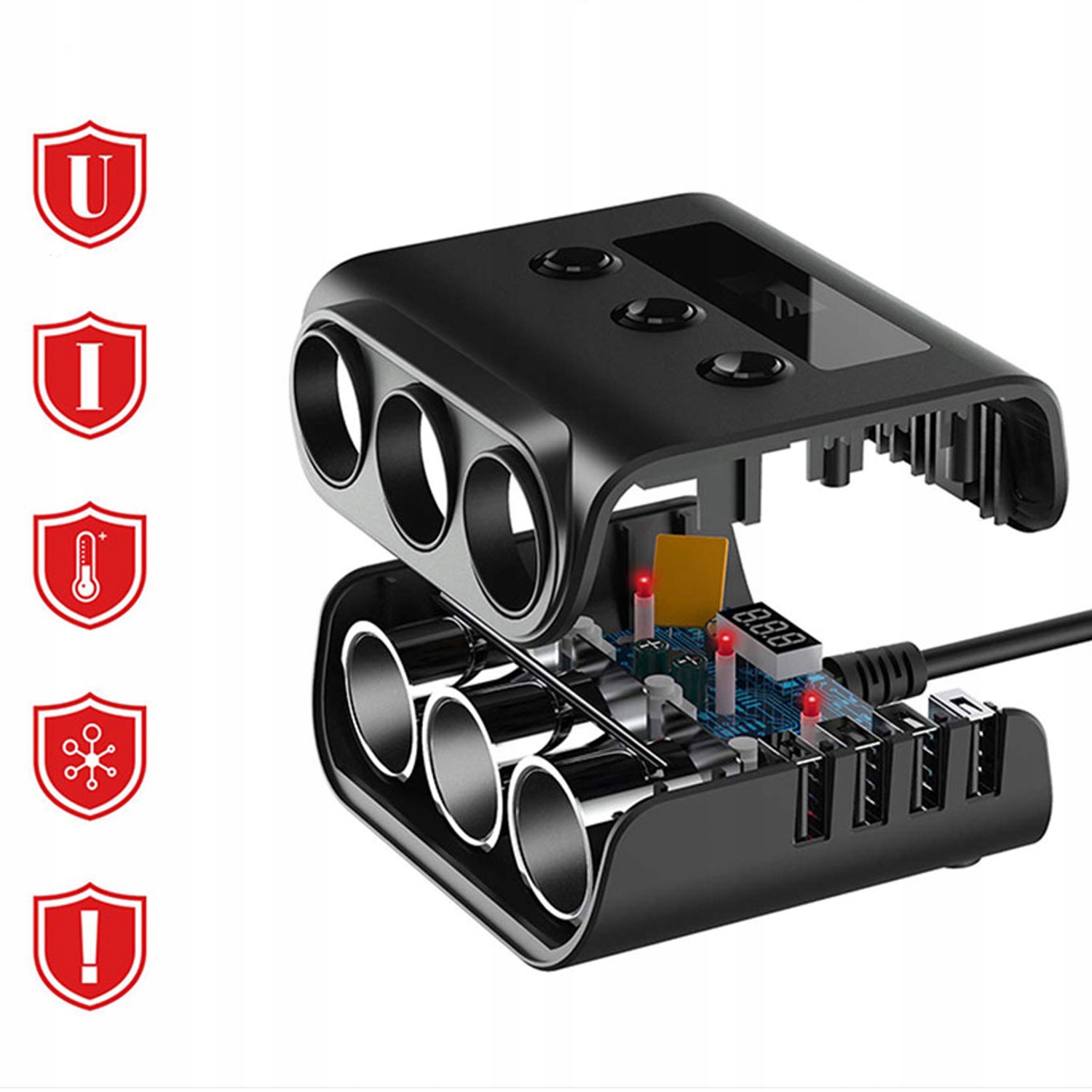 Rozdzielacz Gniazda Zapalniczki 12-24V 4x USB 3.0QC + 3 Gniazda Woltomierz