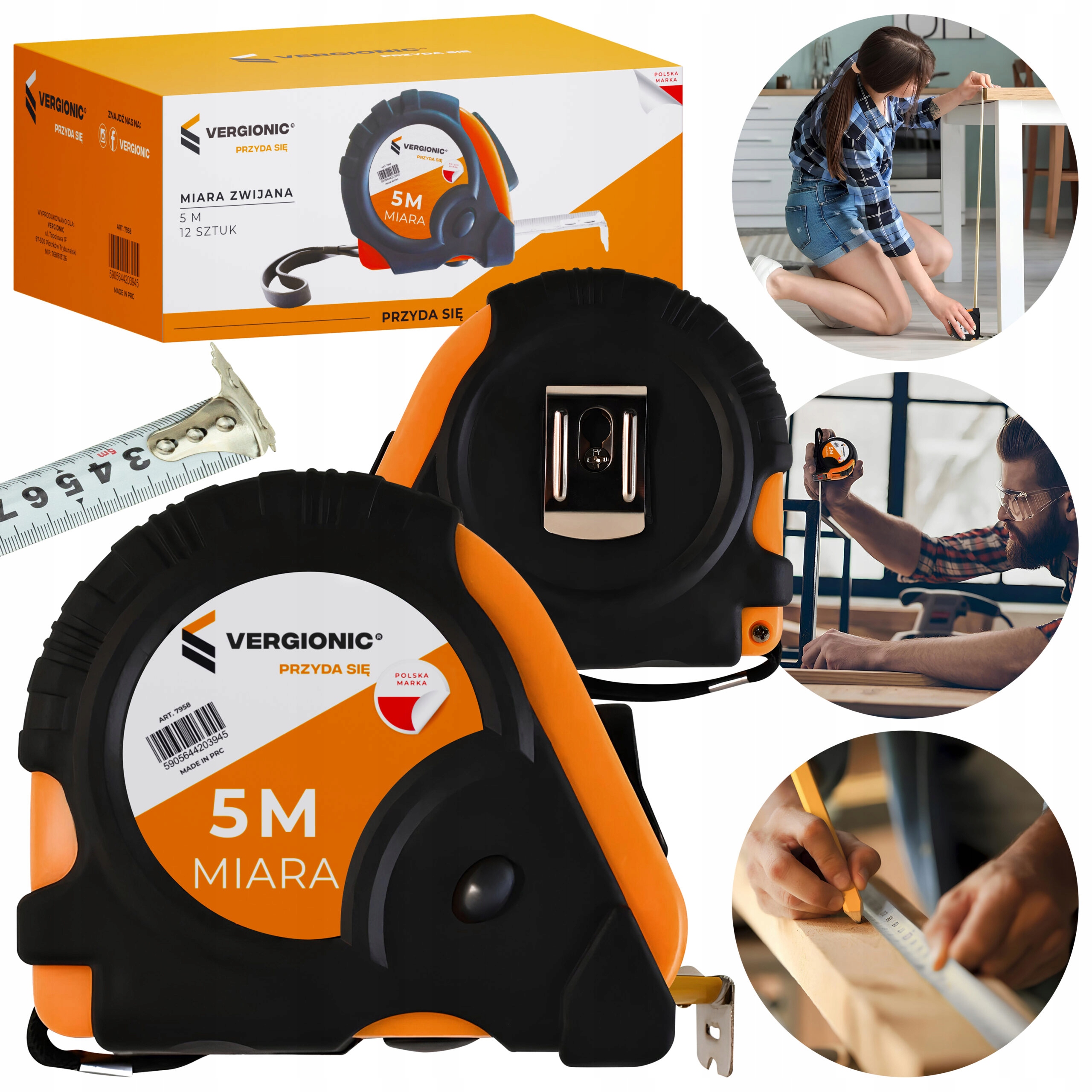 Taśma miernicza 5 m VERGIONIC - zwijana miarka budowlana z blokadą