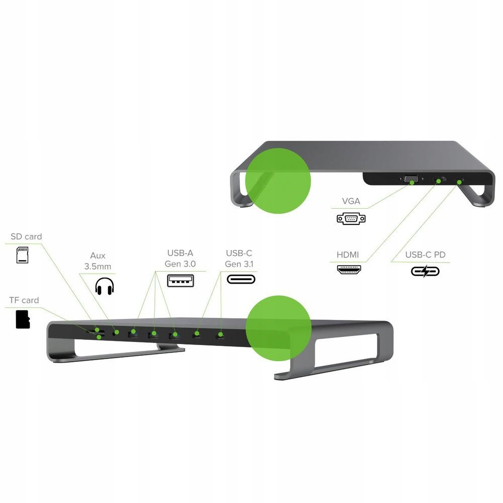 JCPAL HUB Podstawka 11w1 HDMI VGA 2x USB-C 3x USB czytnik microSD SD jack