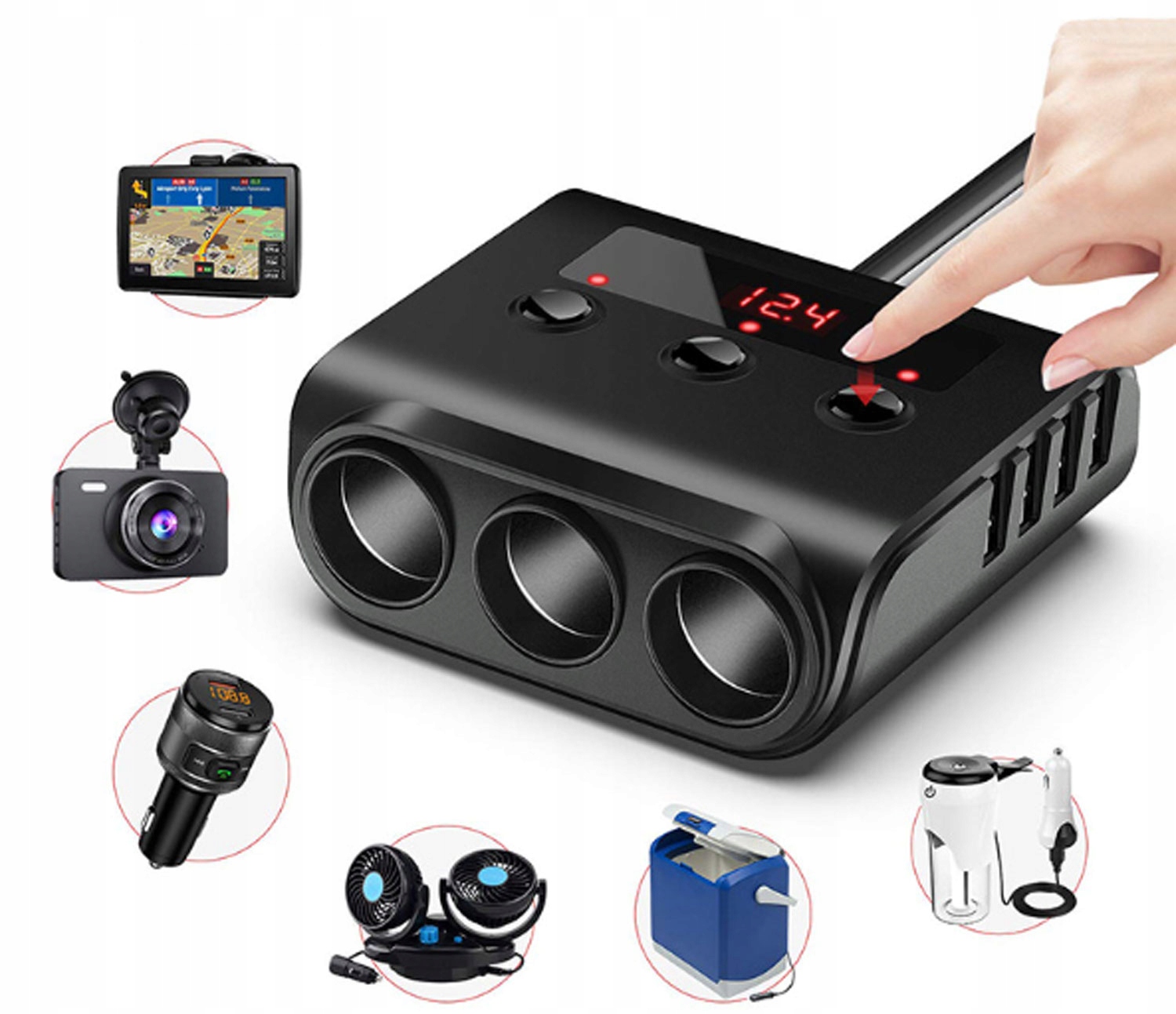 Rozdzielacz Gniazda Zapalniczki 12-24V 4x USB 3.0QC + 3 Gniazda Woltomierz