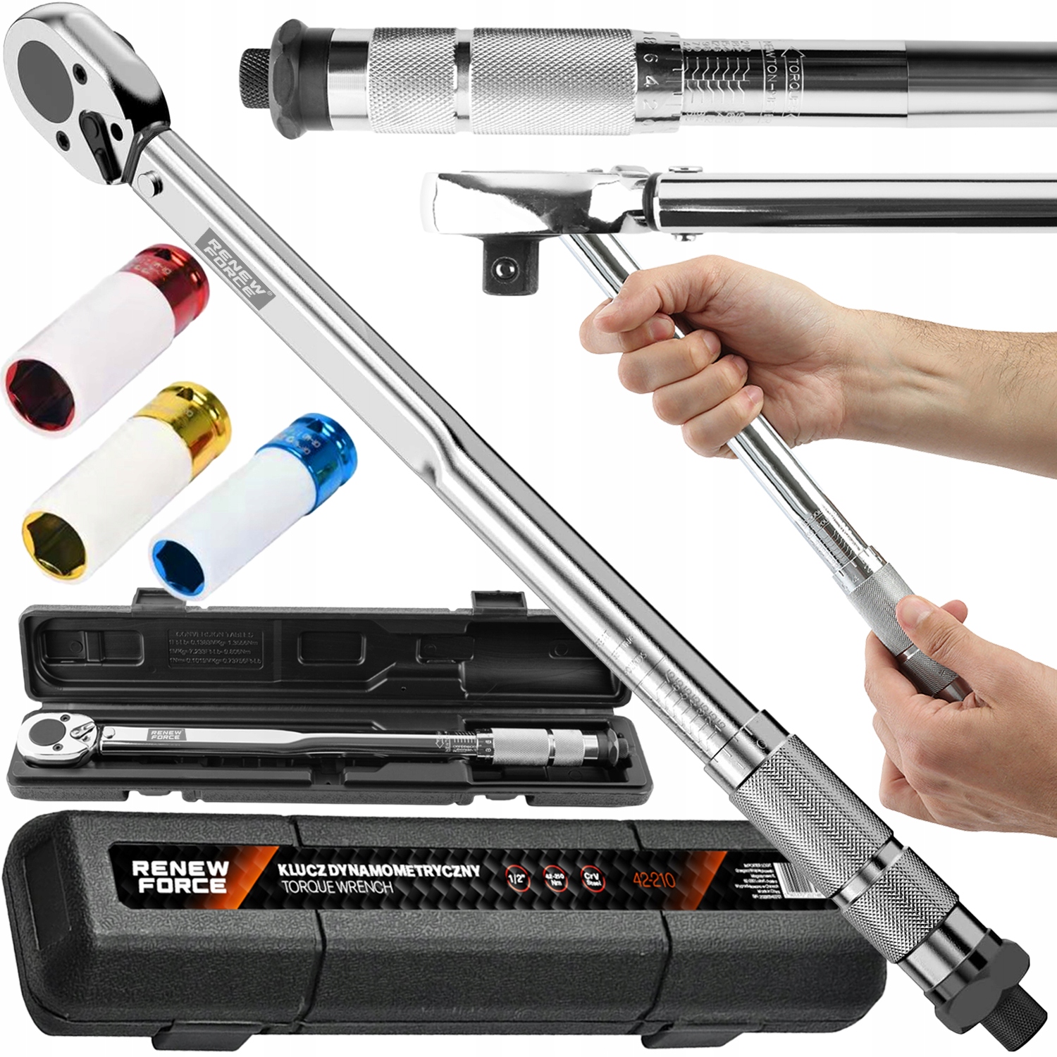 ZESTAW Klucz Dynamometryczny z Blokadą Blokada 1/2 " 42-210nm 3 NASADKI