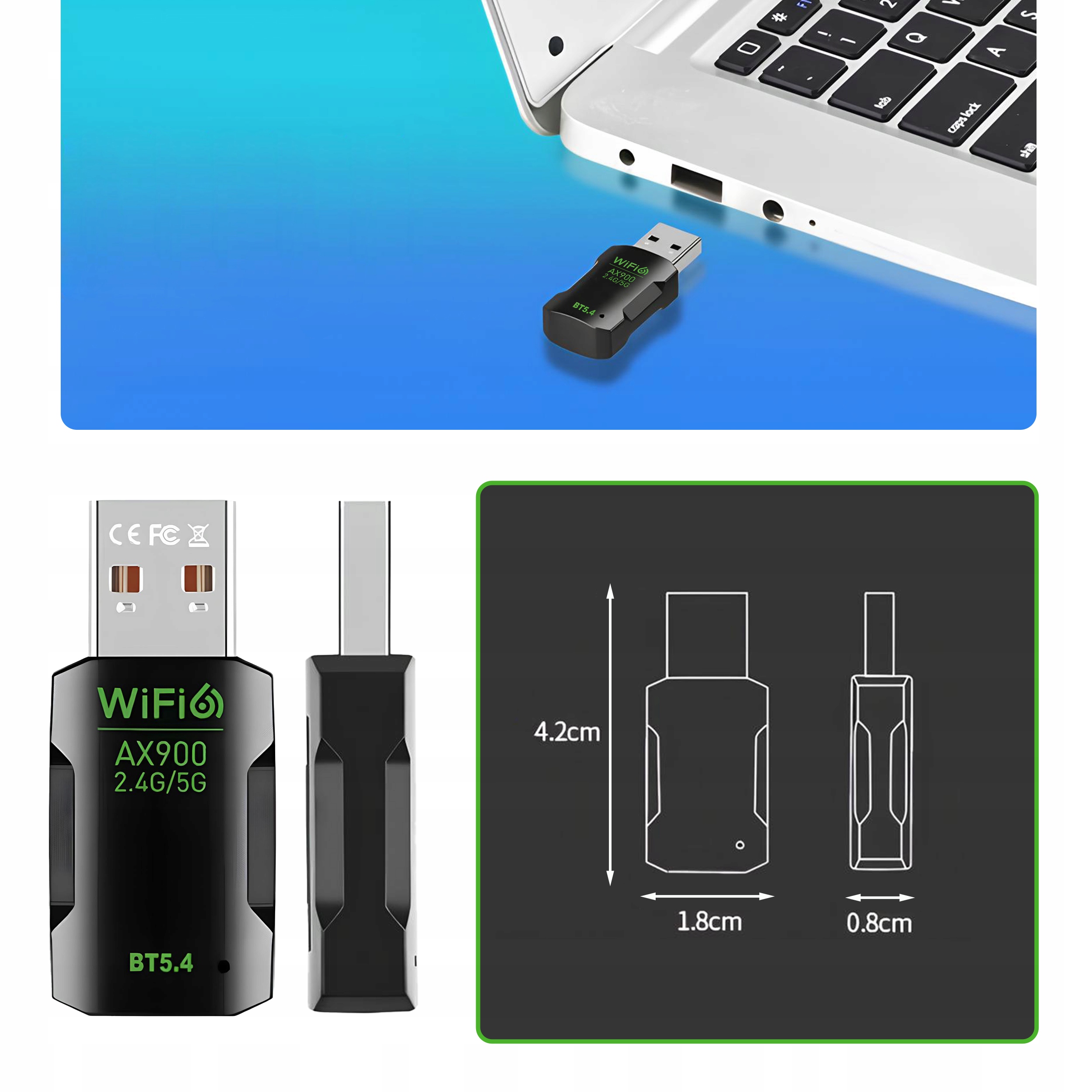 KARTA SIECIOWA ADAPTER BLUETOOTH 5.4 WiFi 6 BT USB 900 MBPS WPA3 ODBIORNIK