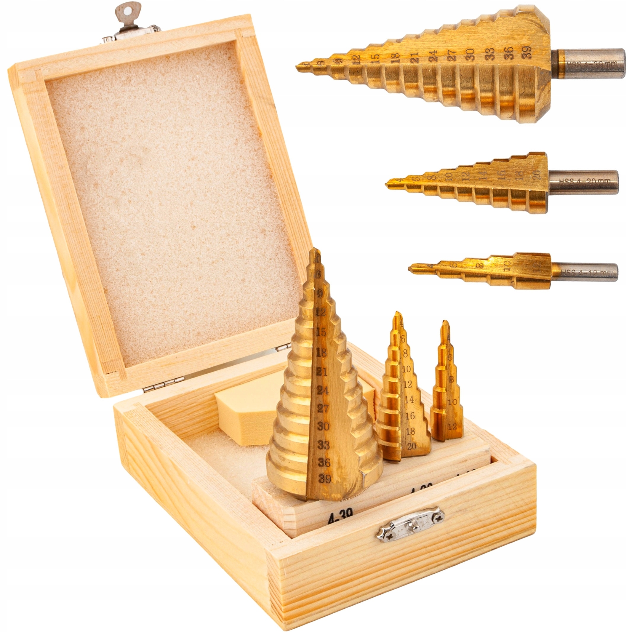 Zestaw wierteł stożkowych stopniowych HSS tytan 4-39 mm 3 szt. Falon-Tech