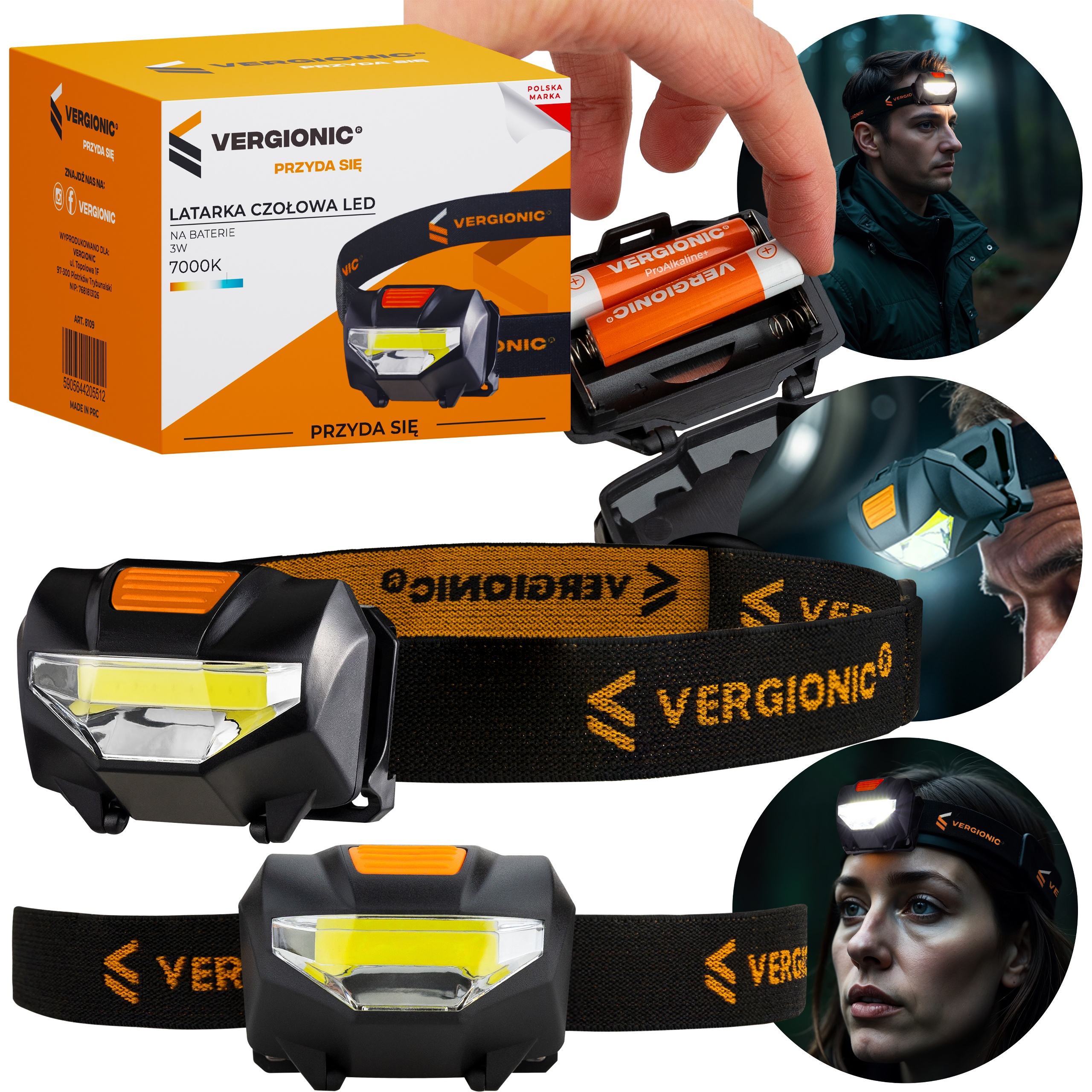 Latarka czołowa LED VERGIONIC 3W – na baterie. regulowana opaska