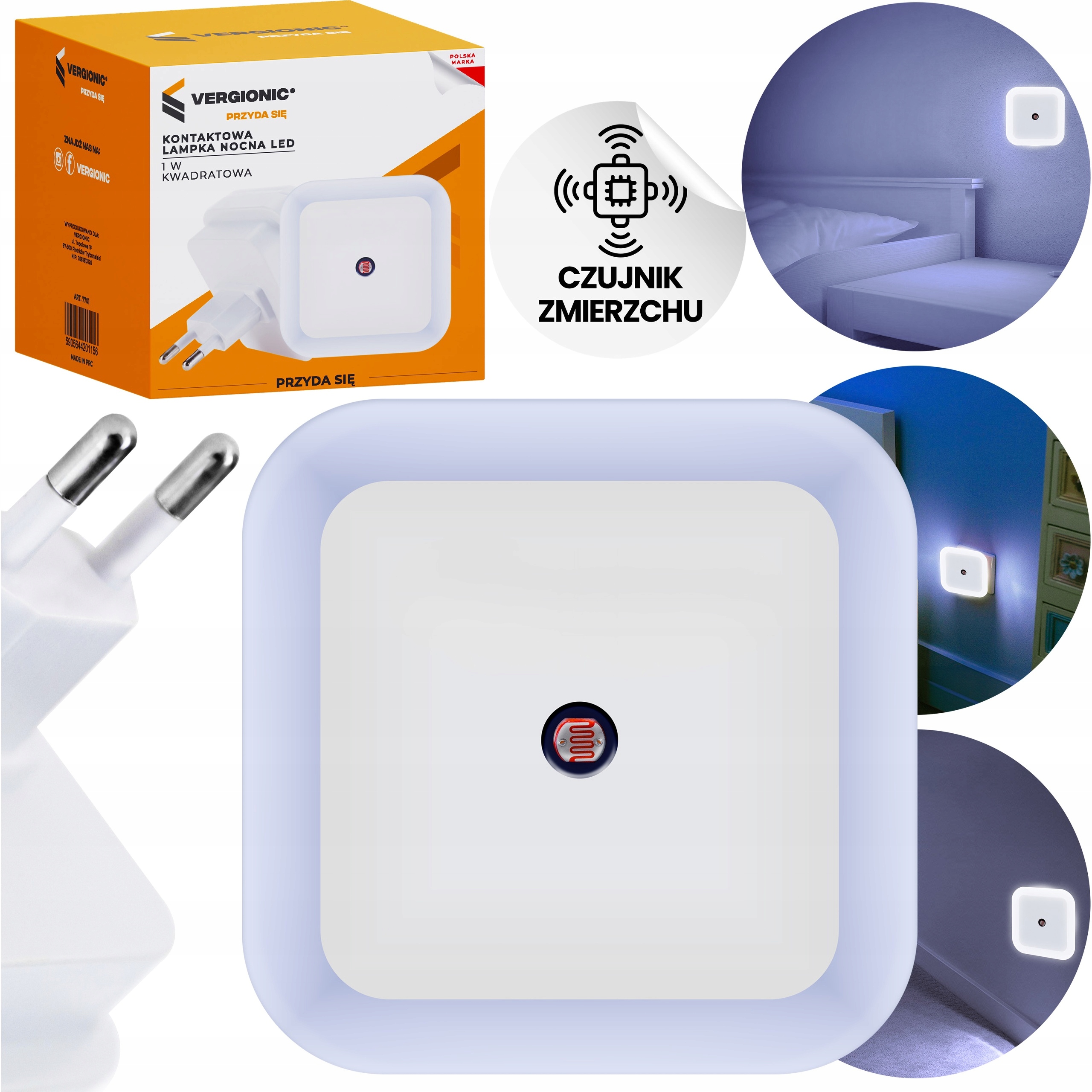 Lampka nocna LED 1W VERGIONIC z czujnikiem zmierzchu do kontaktu