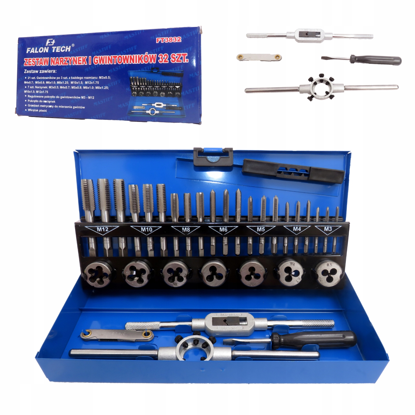 ZESTAW GWINTOWNIKÓW I NARZYNEK M3-M12 32 ELEMENTÓW