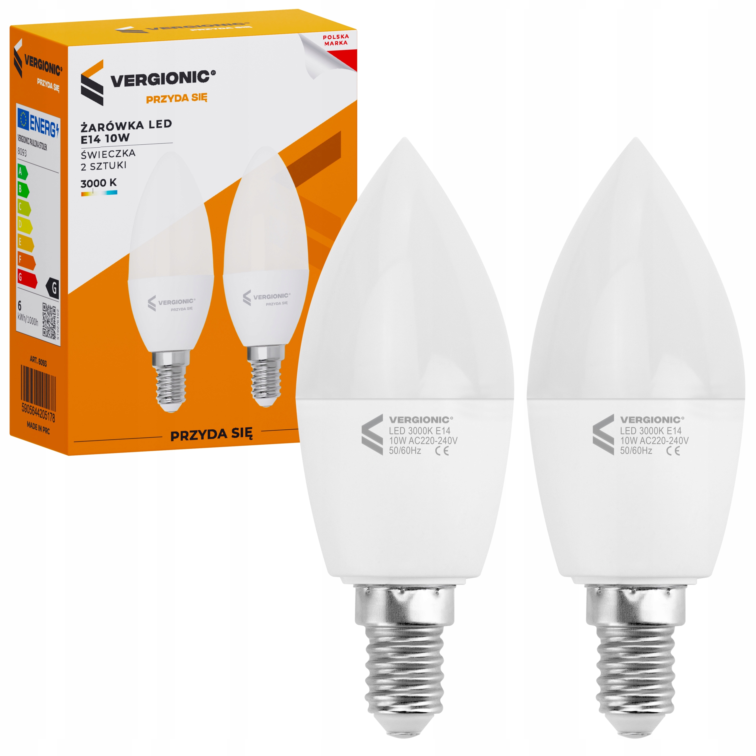 Żarówka LED E14 10W 3000K świeczka 2 szt. VERGIONIC