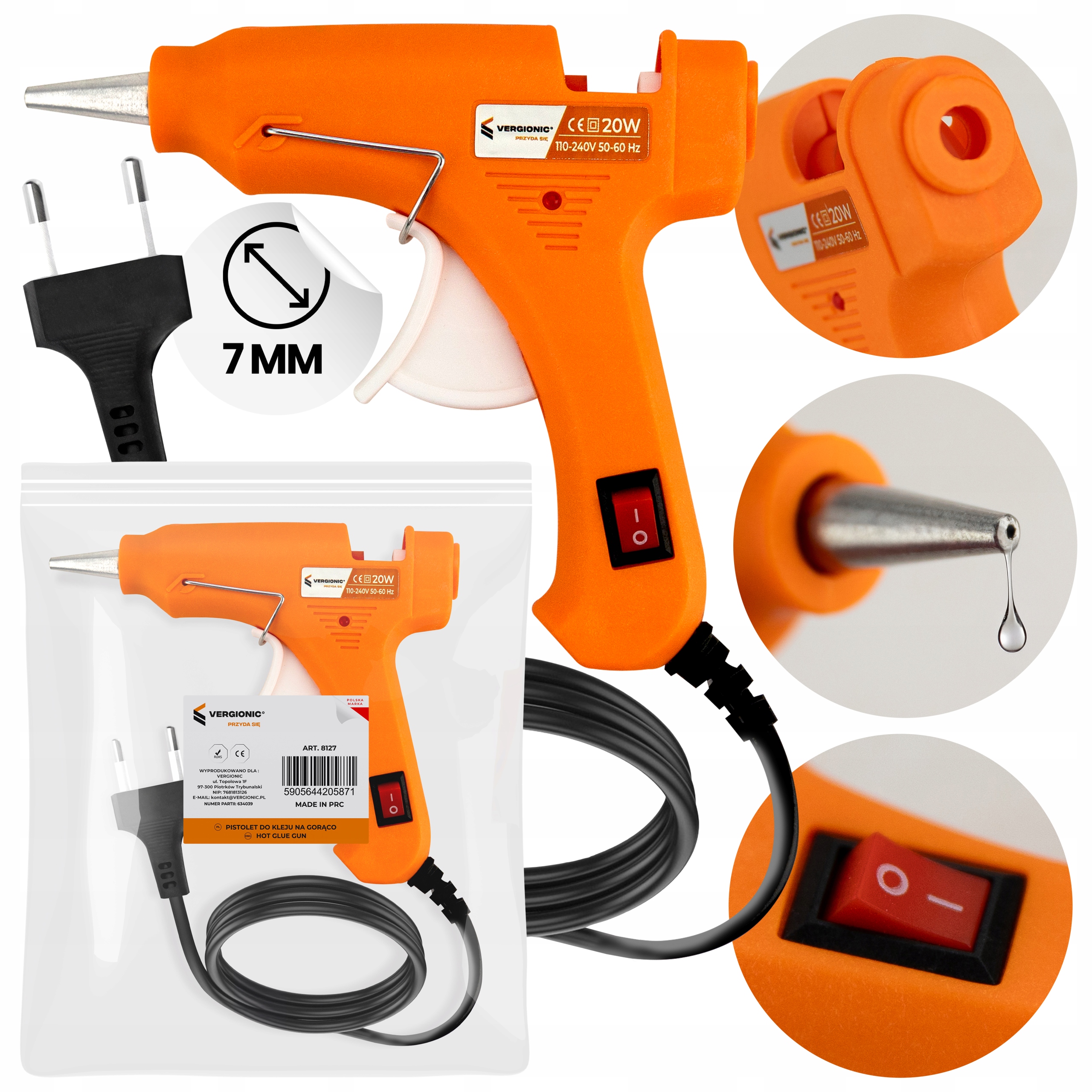 Pistolet do kleju na gorąco do klejenia, na klej, wyciskacz, klejarka 20W