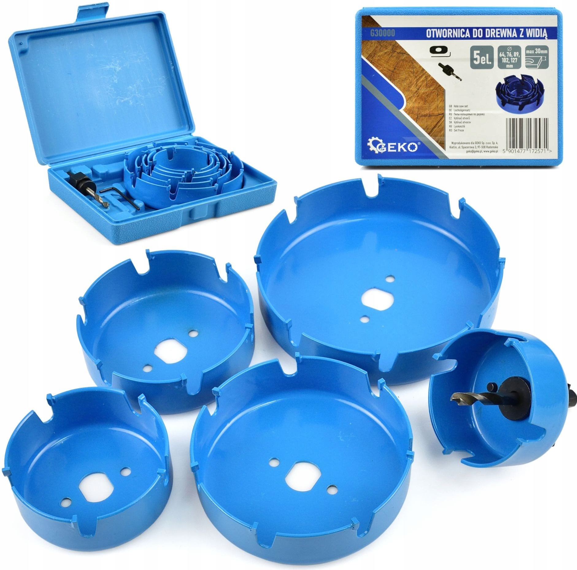 Otwornice widiowe GEKO 64-127 mm do drewna, płyt gipsowych i MDF 5 el.