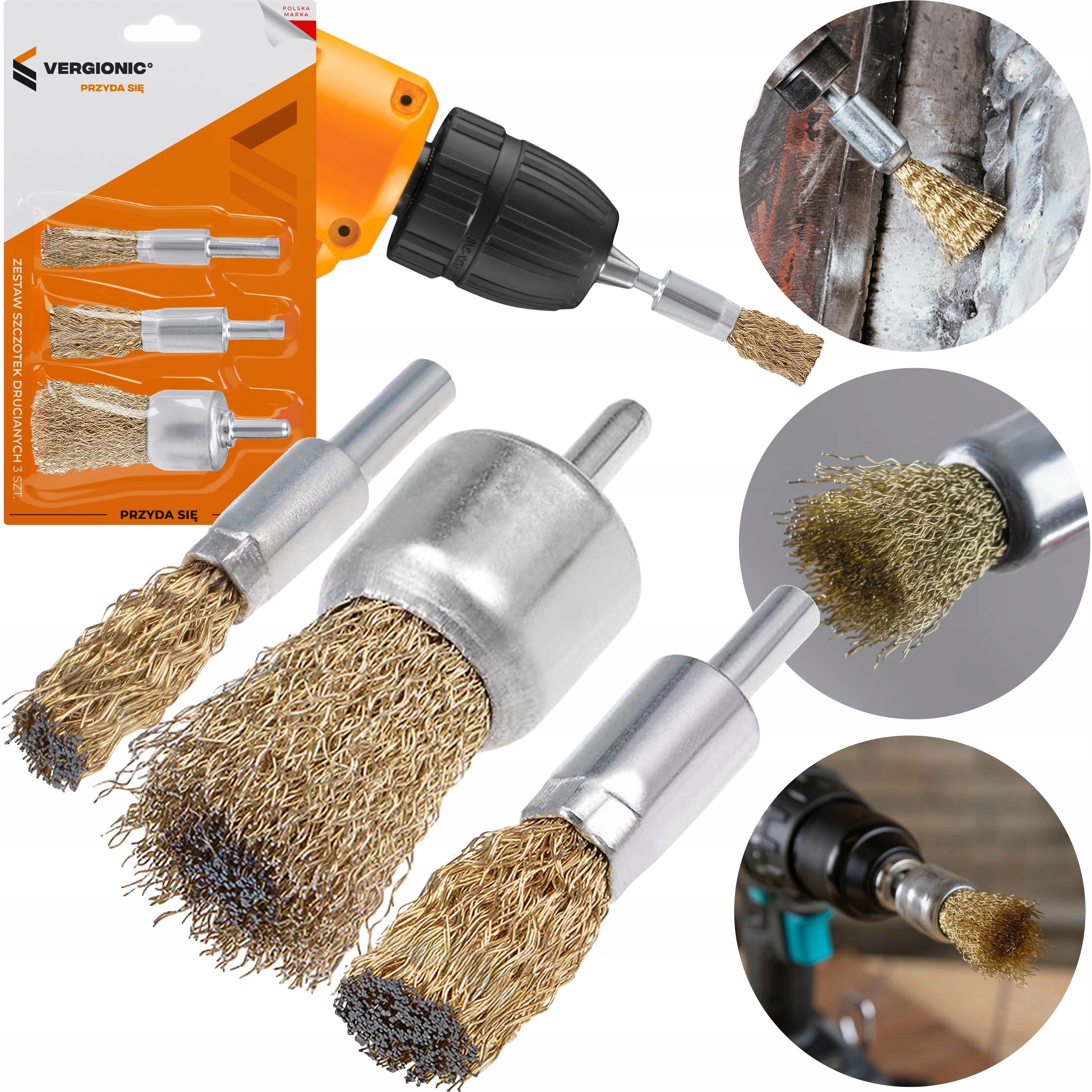 Zestaw szczotek drucianych do wiertarki, druciane 3 szt. VERGIONIC
