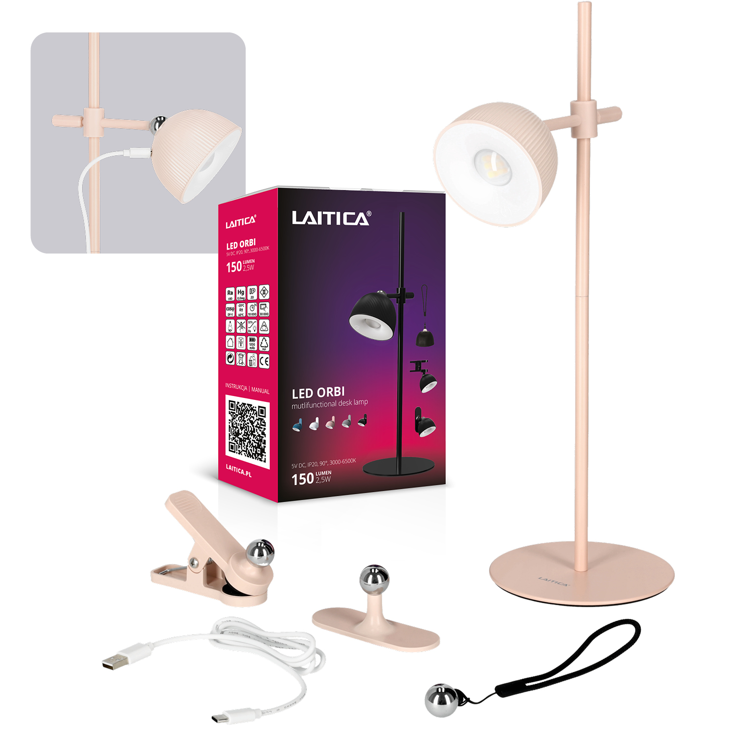 Lampka ORBI różowa – widok z boku