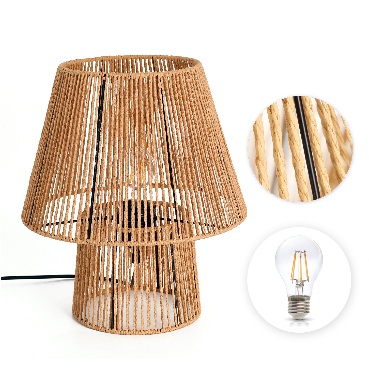 Zestaw Lampa Boho Stołowa Sznur i Metal Nocna + Żarówka 7W E27 Barwa Ciepła