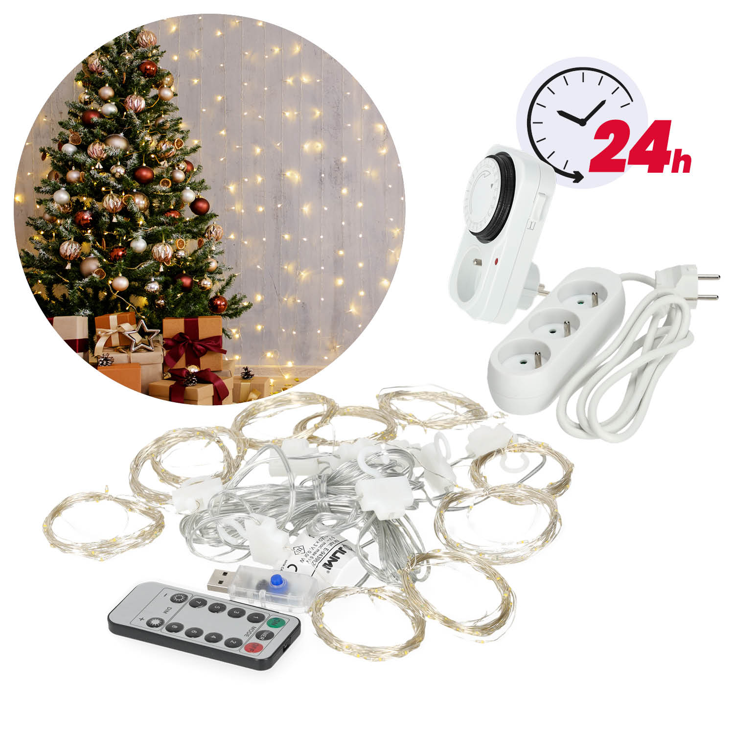 Kurtyna 300 LED 3x3m 8 funkcji z pilotem + programator + przedłużacz