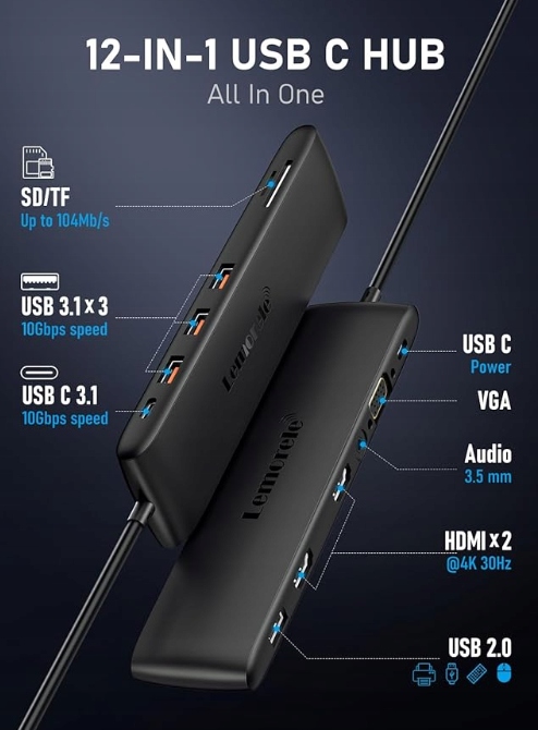 Lemorele USB C Hub, 12-w-1 wieloportowa stacja dokująca USB-C