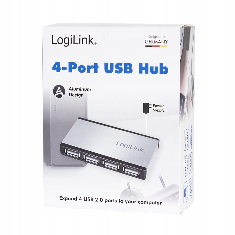 HUB USB 2.0 4-portowy koncentrator z zasilaczem Logilink aluminiowa obudowa