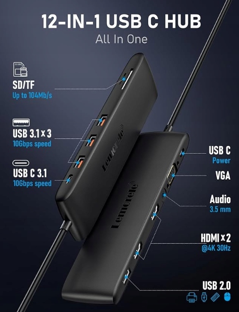 Lemorele USB C Hub, 12-w-1 wieloportowa stacja dokująca USB-C