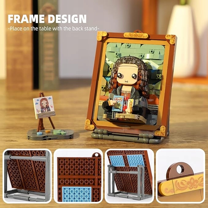 Imagine cu tabloul Mona Lisa asamblat din caramizi, expus ca decoratiune interioara.