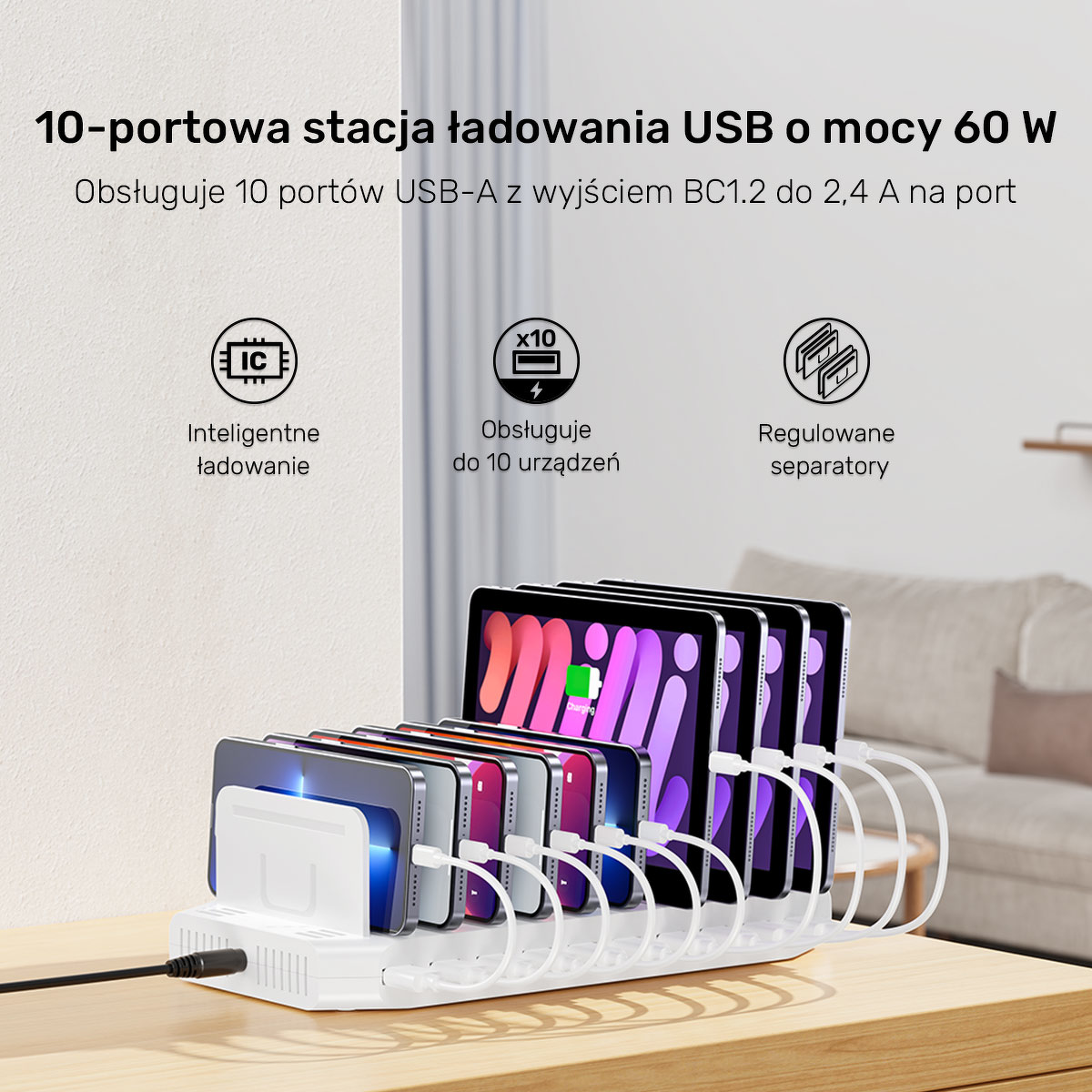 Unitek Stacja ładująca 10xUSB 2.4A 60W biała
