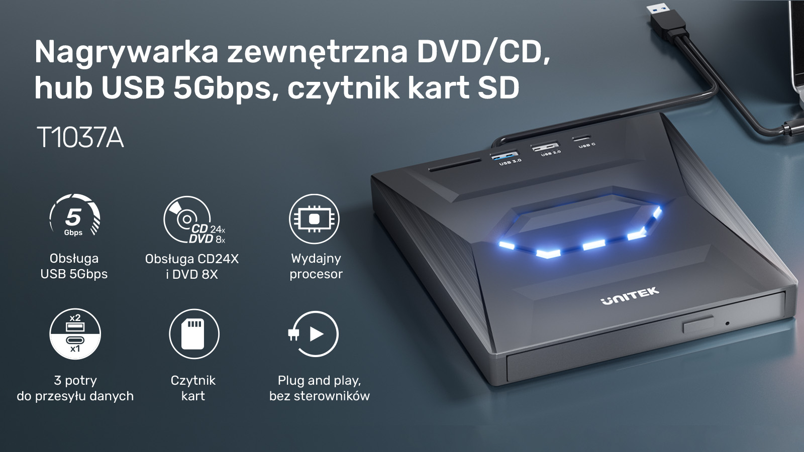 Unitek Nagrywarka zewnętrzna DVD/CD, Hub USB 5Gbps, czytnik kart SD