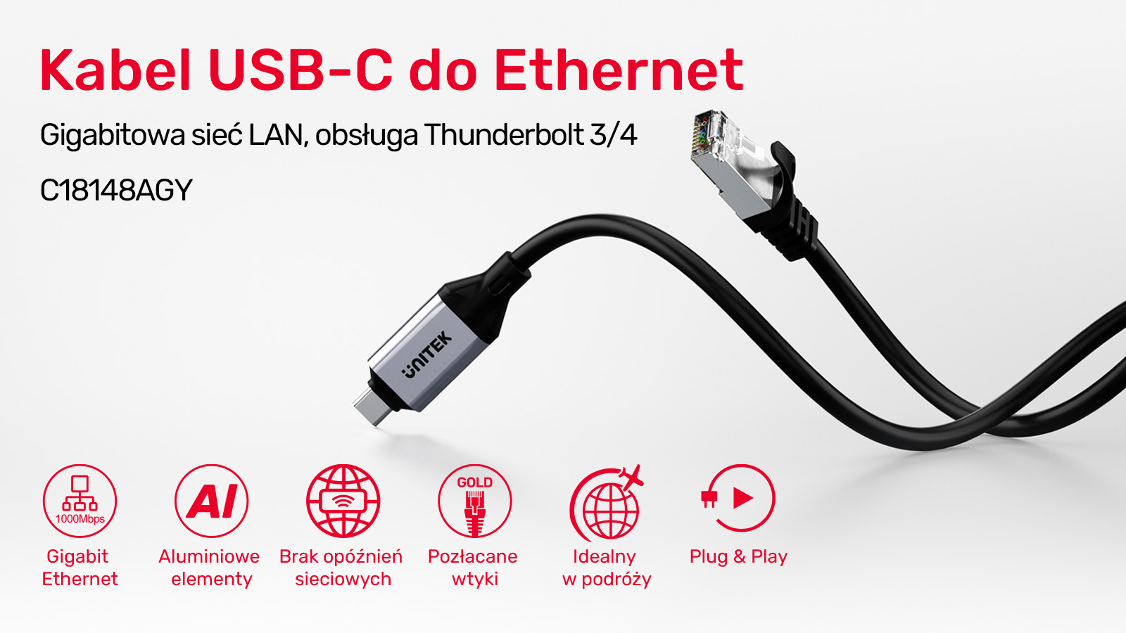 Unitek Kabel Ethernet USB C RJ-45 LAN, przewód sieciowy, 3m