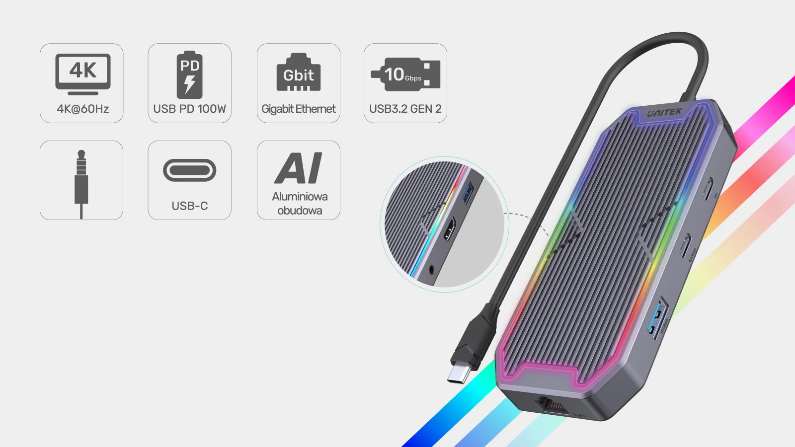 Unitek Hub USB-C HDMI RJ45 3,5mm audio 100W 10Gbps