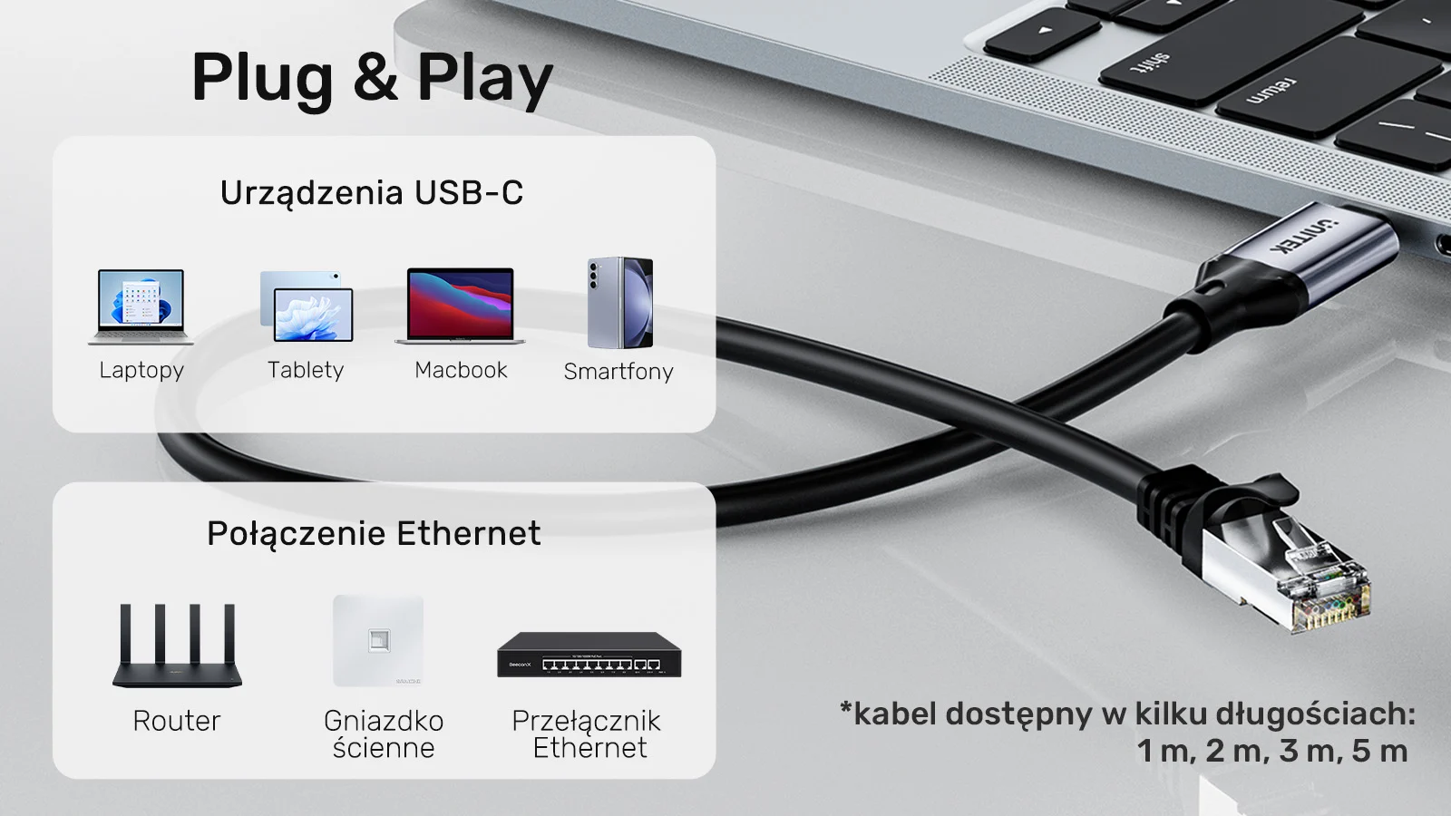 Unitek Kabel Ethernet USB C RJ-45 LAN, przewód sieciowy, 2m