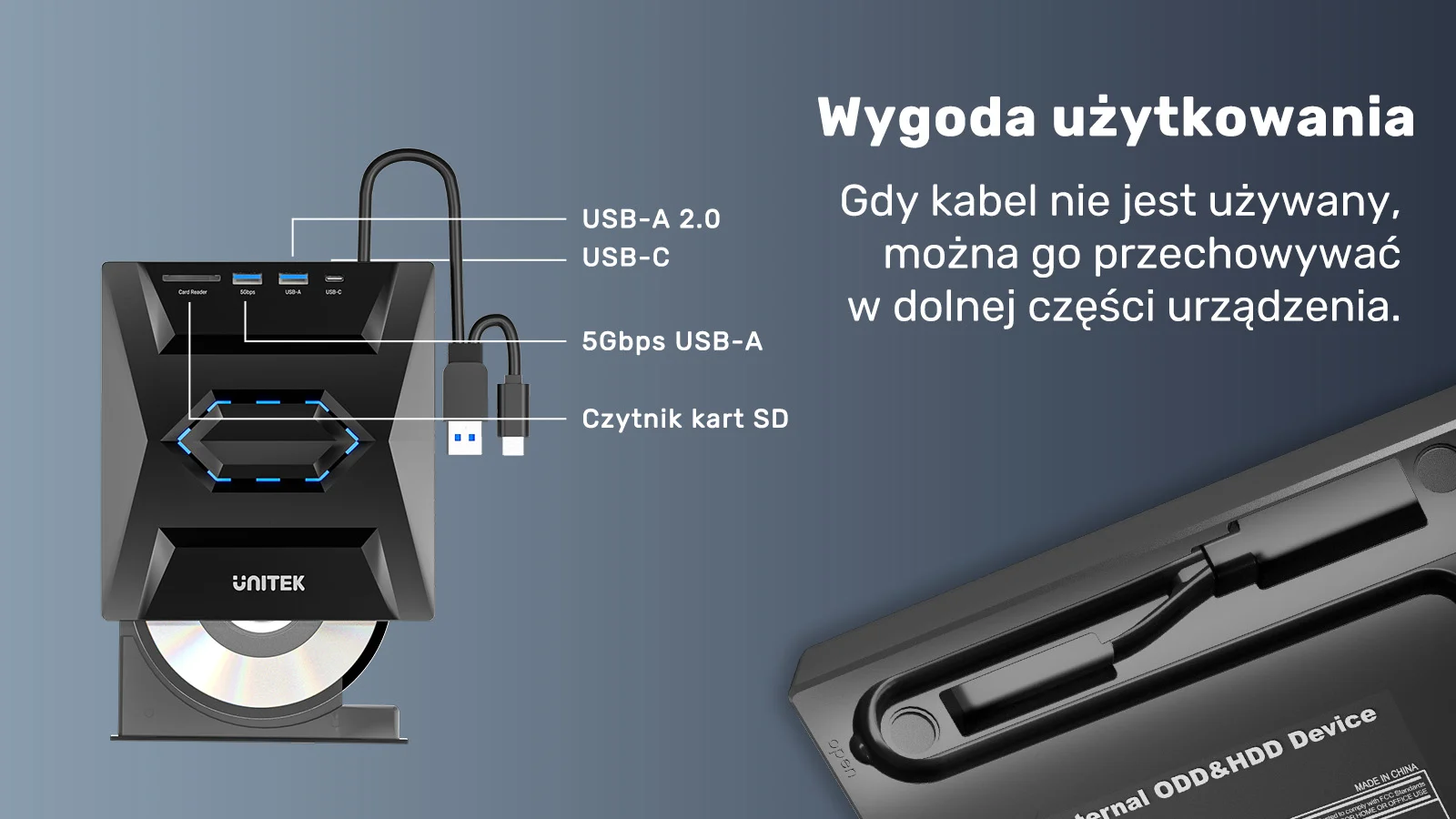 Unitek Nagrywarka zewnętrzna DVD/CD, Hub USB 5Gbps, czytnik kart SD