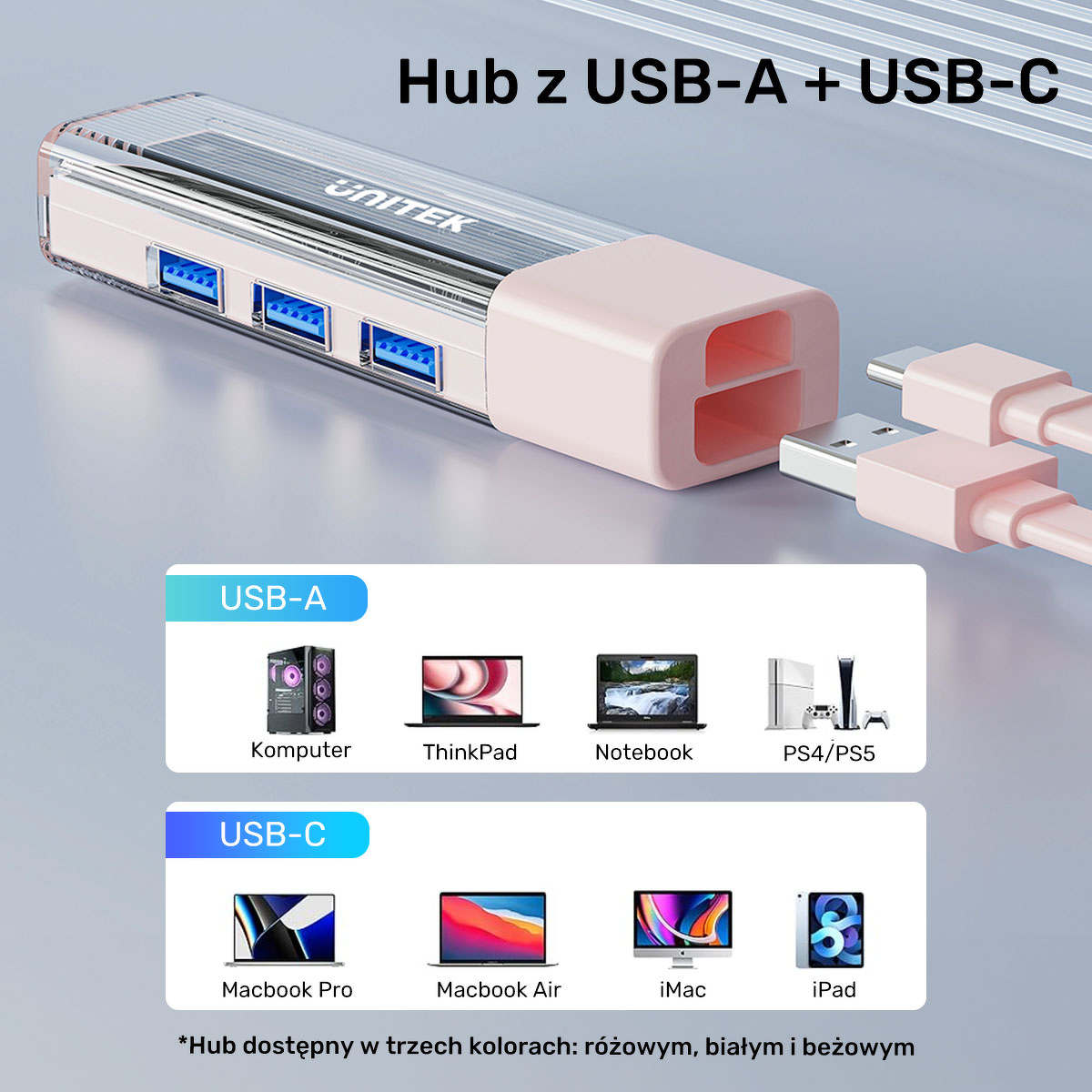 Unitek hub dwukierunkowy USB C/USB A 5Gbps, 4x USB A biały