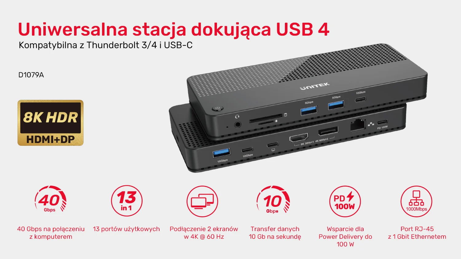 Unitek Stacja dokująca 12w1, HDMI 8K, USB 4, 100 W