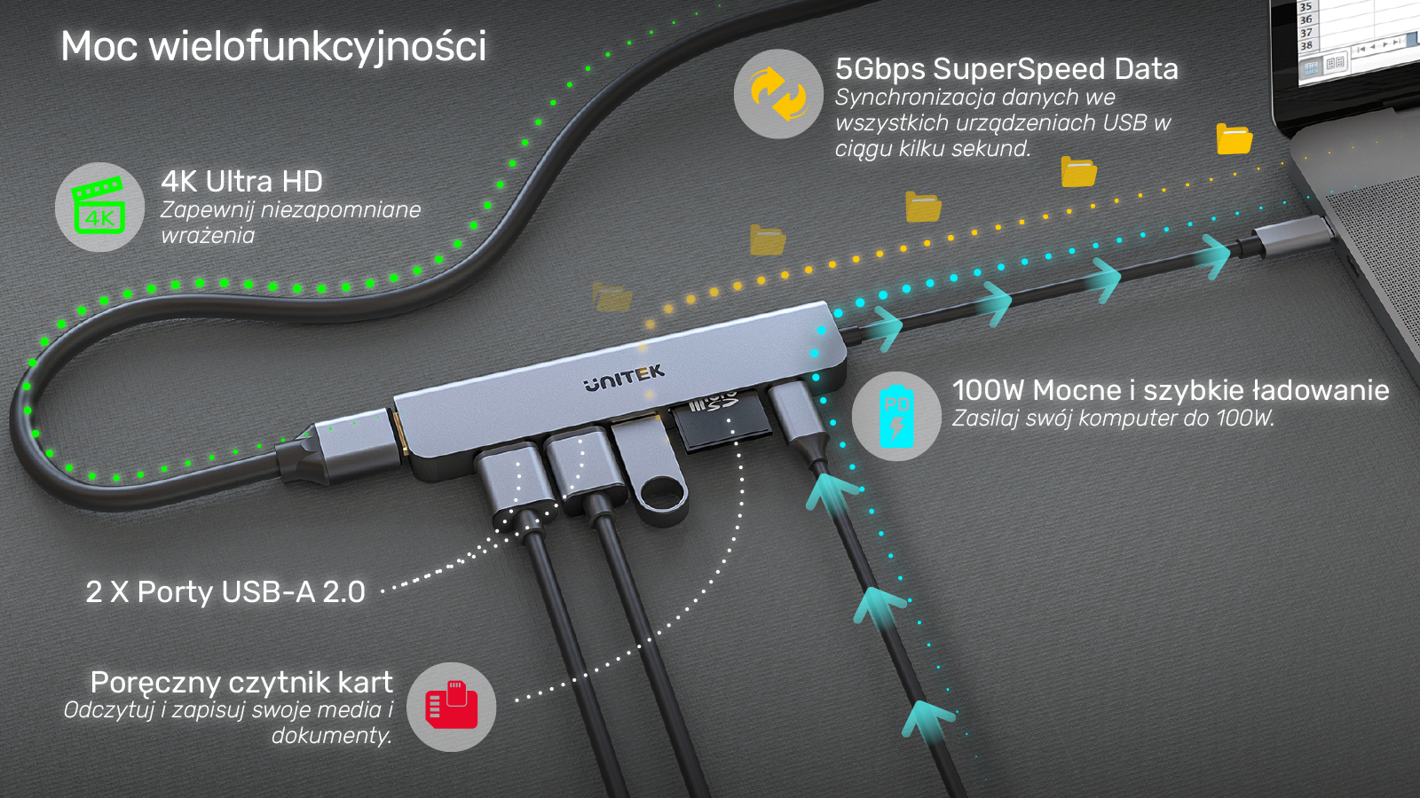 Unitek Hub USB-C H1118A 7w1 HDMI 4K 3x USB-A