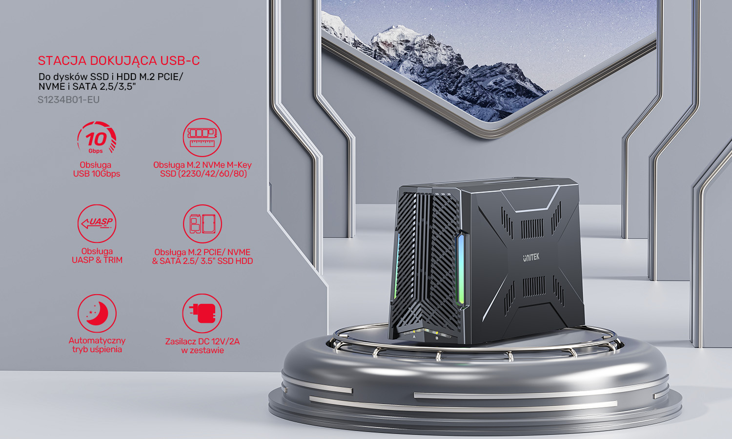 Unitek Stacja dokująca, 1x dysk M.2 NVMe, 1x dysk SATA, USB-C 10 Gbps