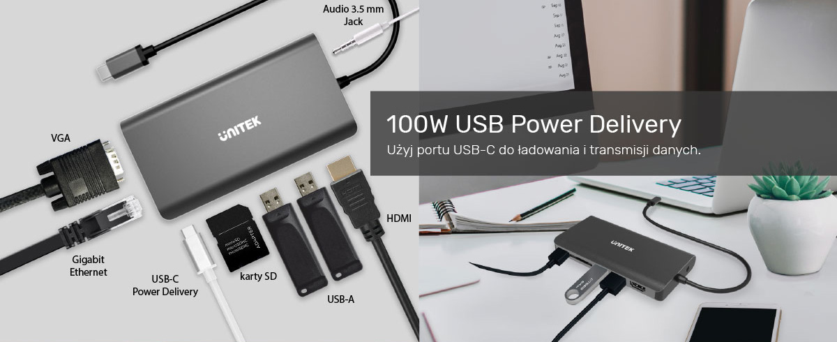 Unitek Hub USB-C 3.1 8w1 z Power Delivery 100W