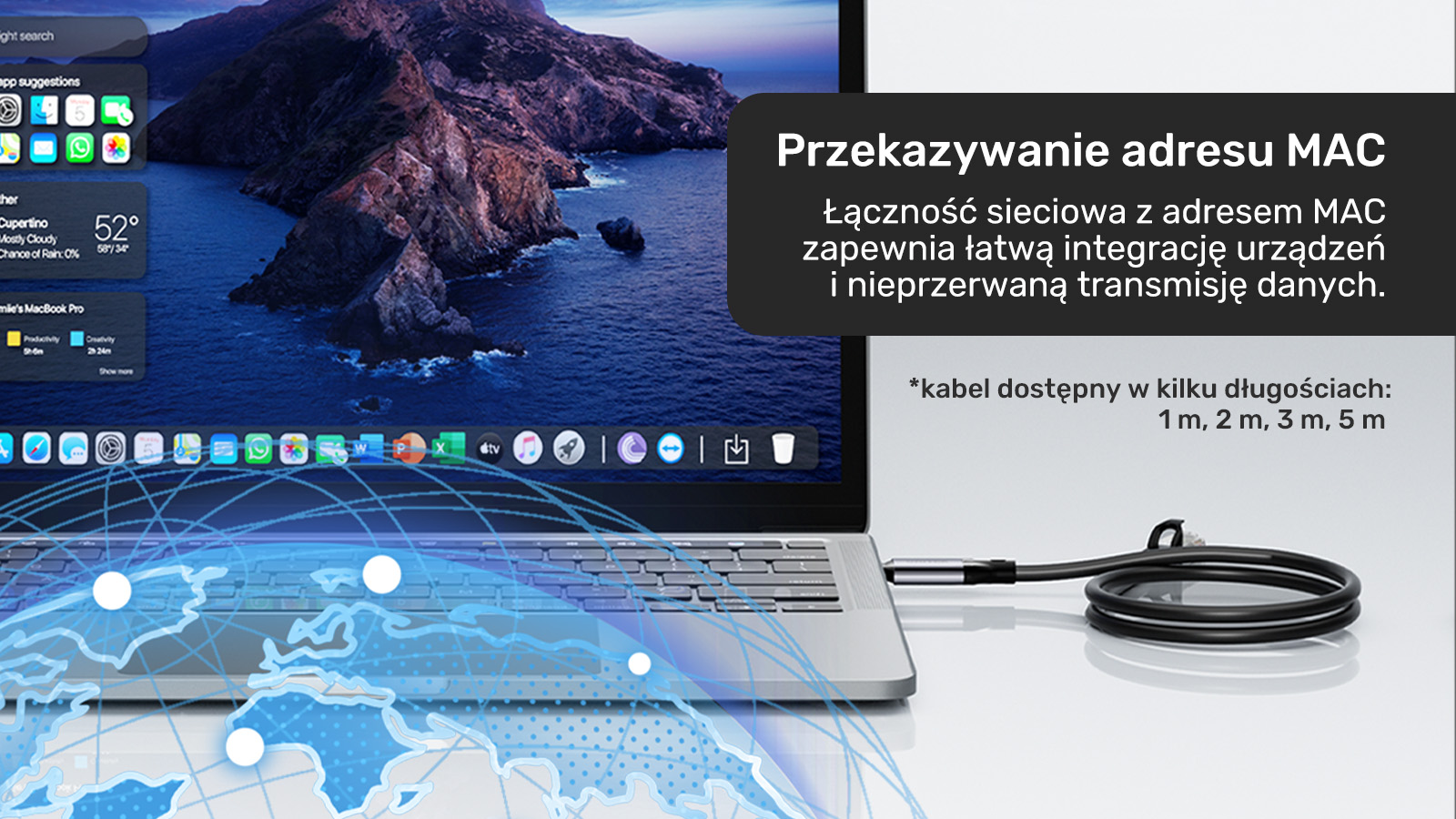 Unitek Kabel Ethernet USB C RJ-45 LAN, przewód sieciowy, 2m