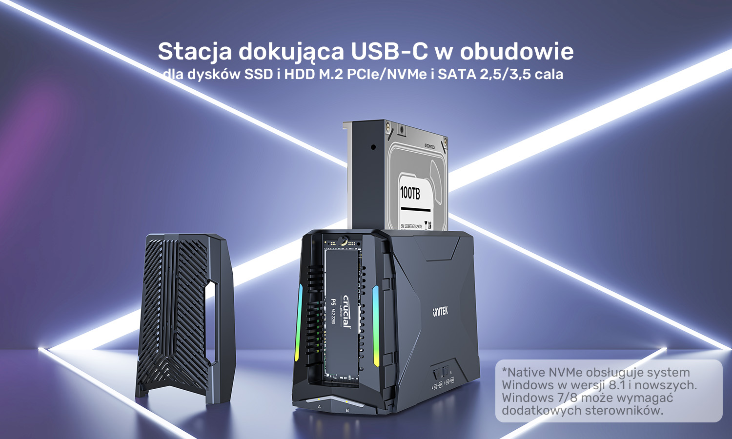 Unitek Stacja dokująca, 1x dysk M.2 NVMe, 1x dysk SATA, USB-C 10 Gbps