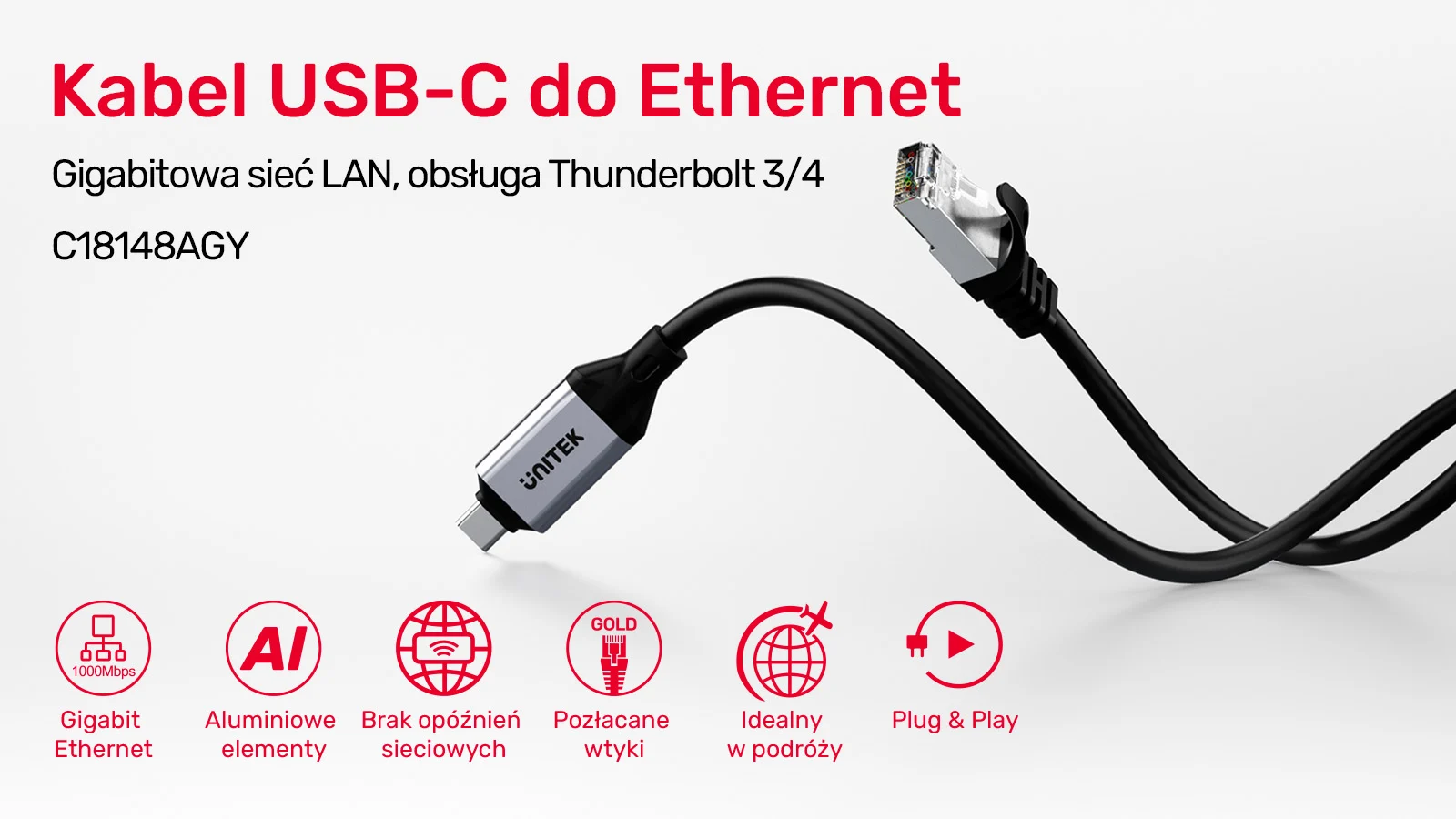 Unitek Kabel Ethernet USB C RJ-45 LAN, przewód sieciowy, 2m