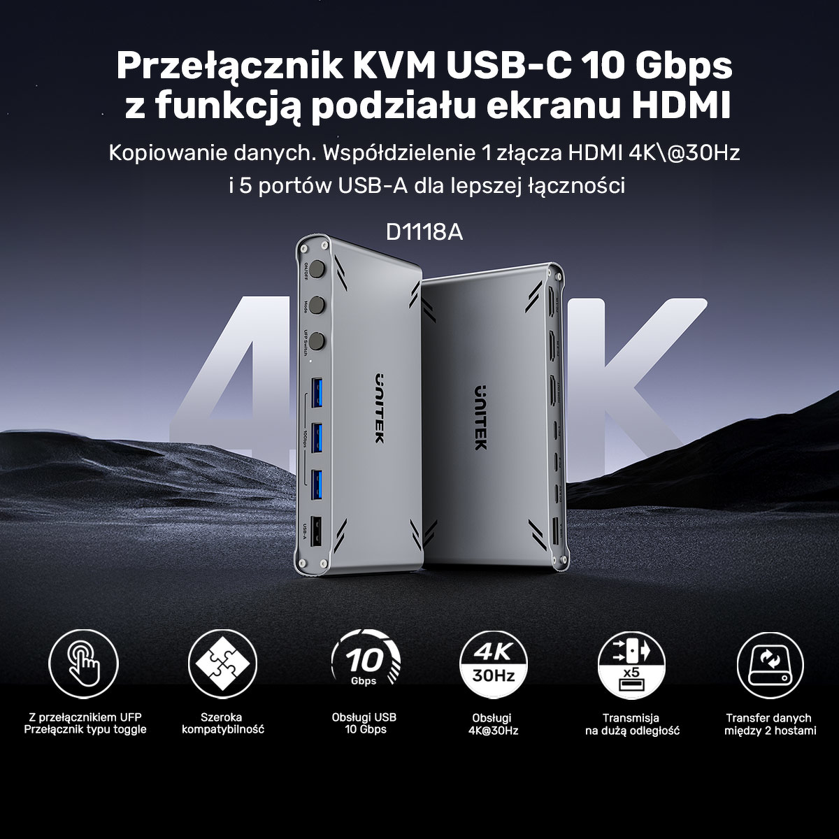 Unitek Przełącznik KVM USB-C 10Gbps z HDMI