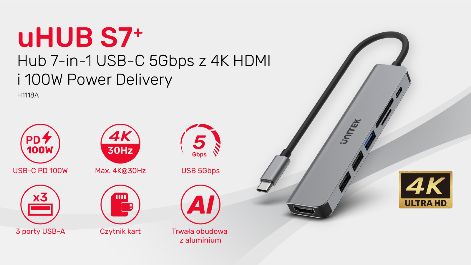 Unitek Hub USB-C H1118A 7w1 HDMI 4K 3x USB-A